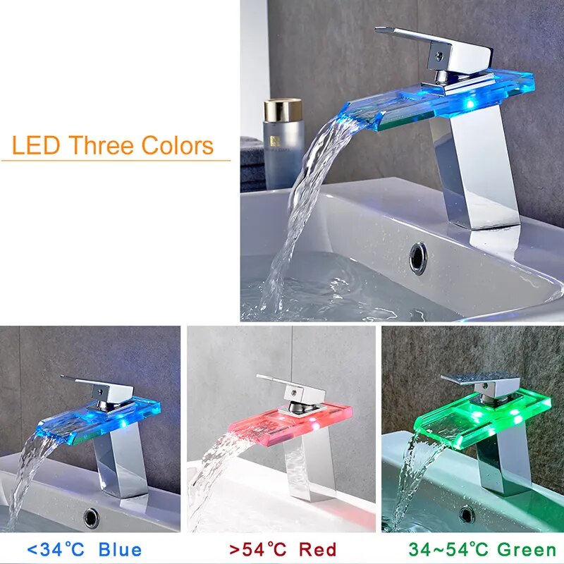 LED Bathroom Faucet Waterfall Brass Basin Faucet Deck Mounted Sink