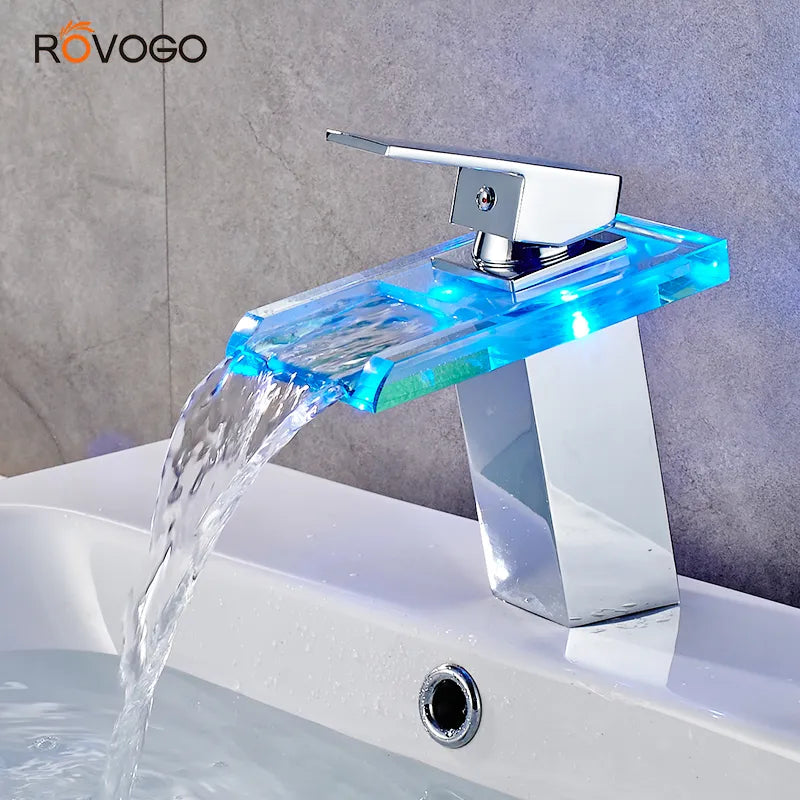 LED Bathroom Faucet Waterfall Brass Basin Faucet Deck Mounted Sink