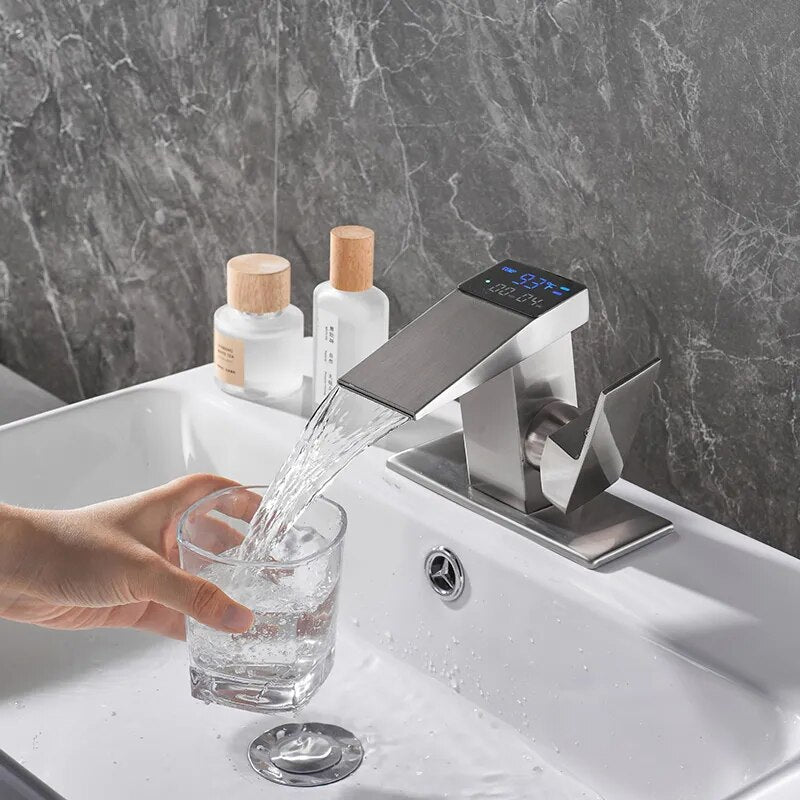 LCD Bathroom Basin Faucet Digital Display Sink Mixer Faucet Hot Cold Sink Tap Waterfall Deck Mounted Bathroom Basin Mixer Tap