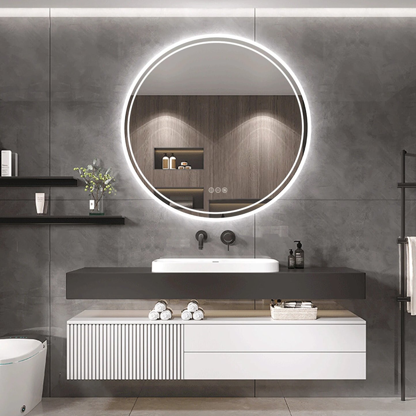 Intelligent Illuminate Big Round Mirror for Bathroom Touch Screen Dimmable Anti-fog Bathroom LED Light Mirror