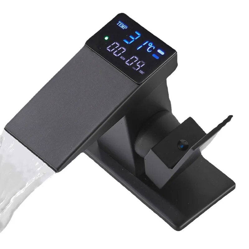 LCD Bathroom Basin Faucet Digital Display Sink Mixer Faucet Hot Cold Sink Tap Waterfall Deck Mounted Bathroom Basin Mixer Tap