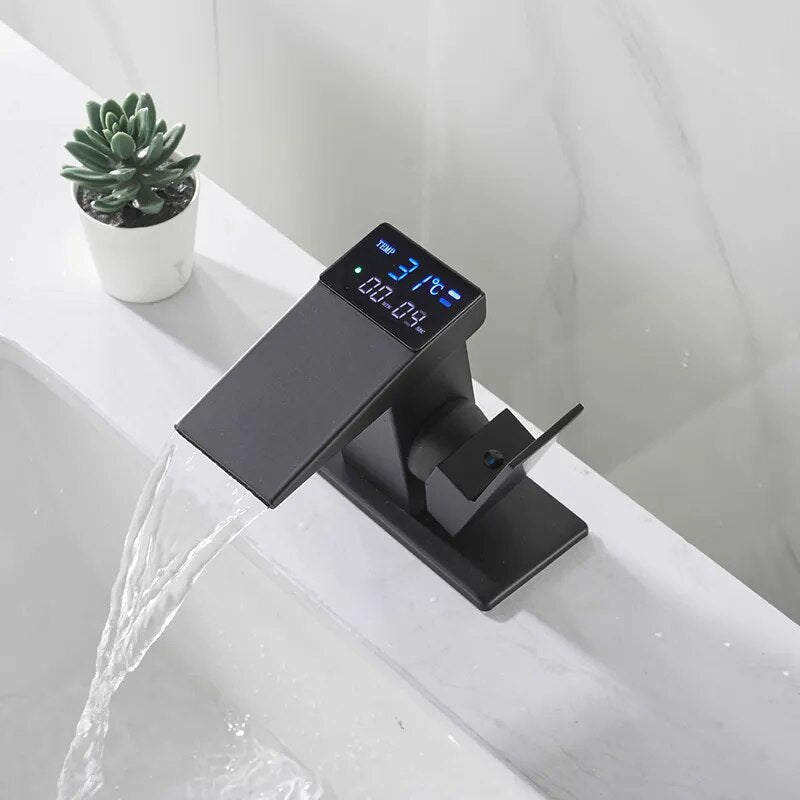LCD Bathroom Basin Faucet Digital Display Sink Mixer Faucet Hot Cold Sink Tap Waterfall Deck Mounted Bathroom Basin Mixer Tap