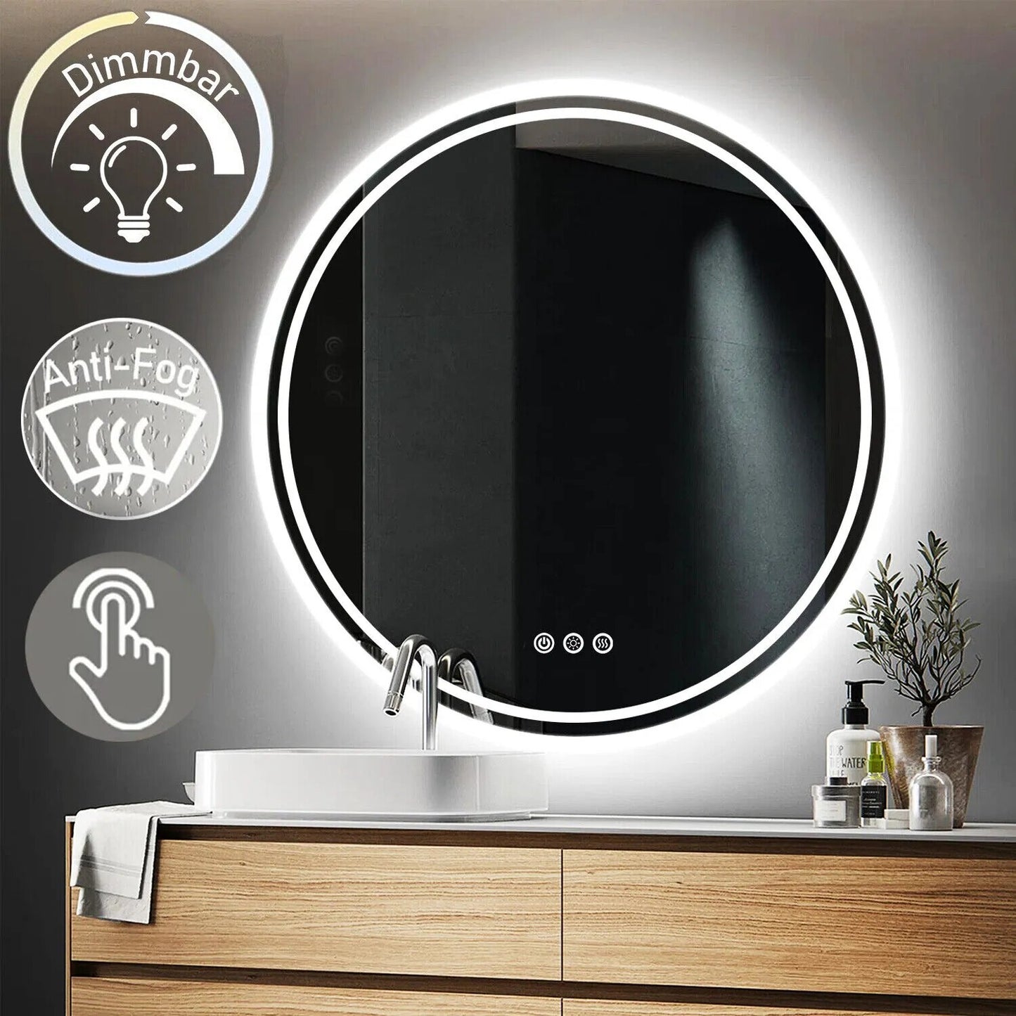 Intelligent Illuminate Big Round Mirror for Bathroom Touch Screen Dimmable Anti-fog Bathroom LED Light Mirror