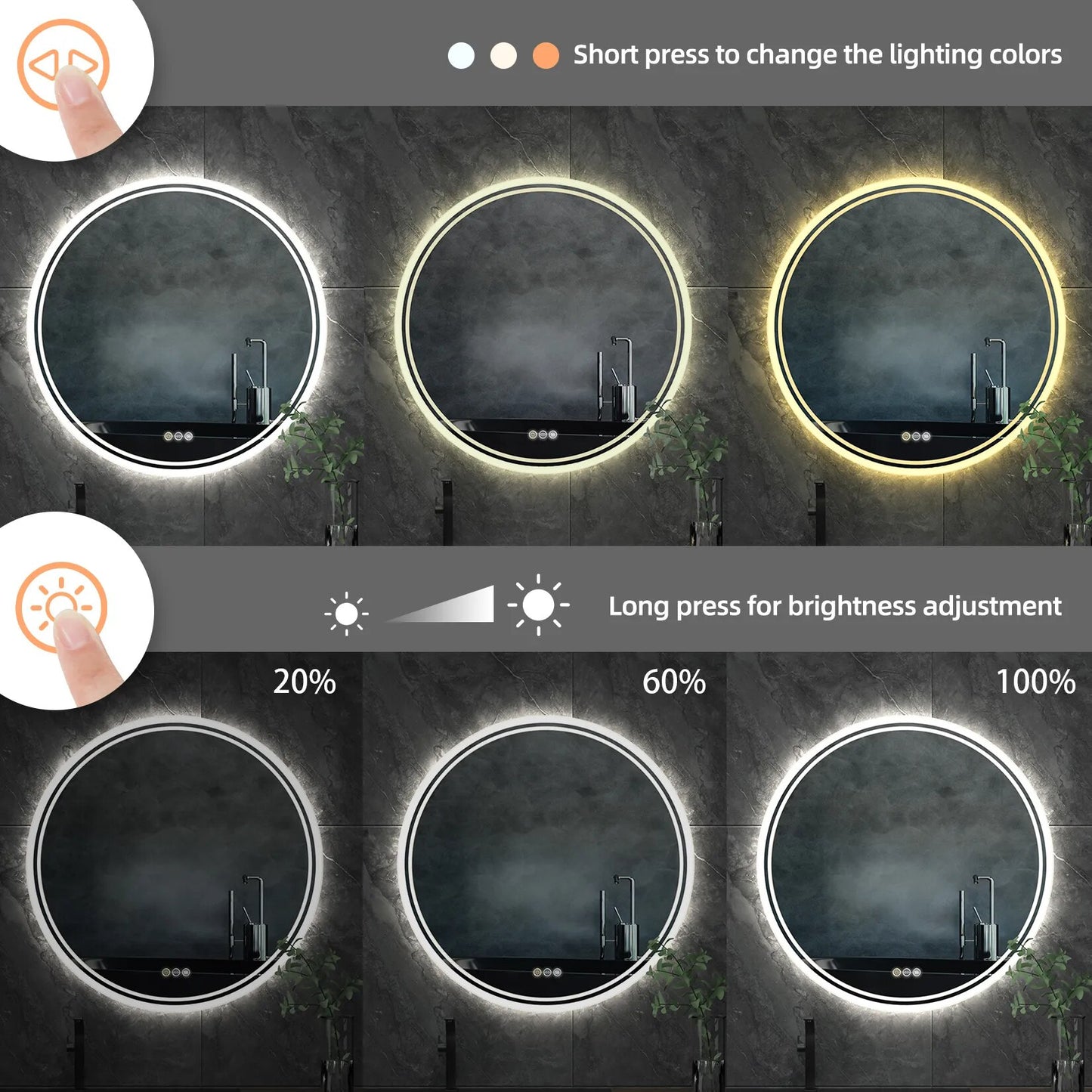 Intelligent Illuminate Big Round Mirror for Bathroom Touch Screen Dimmable Anti-fog Bathroom LED Light Mirror