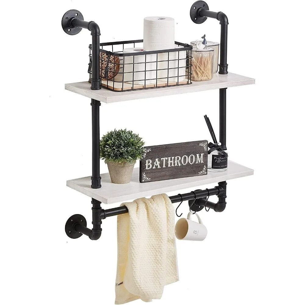 Pipe Shelving with Towel Bar, Retro White Rustic Farmhouse Pipe Wall