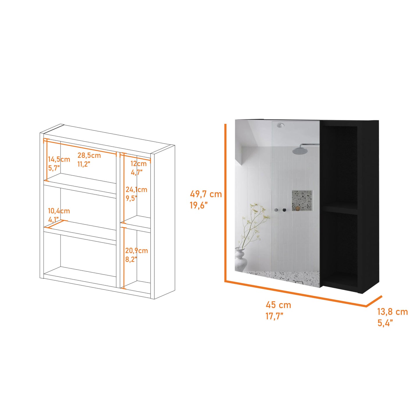 Labelle Medicine Cabinet With Mirror; Five Internal Shelves; Single Door -Black