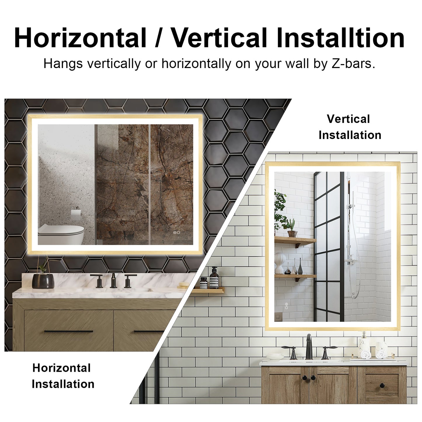 4 Size LED Bathroom Mirror; Backlit and Front Lighted Mirror for Bathroom; Wall Mounted Bathroom Vanity Framed Mirror Includes Dimmer; ; Defogger; Vertical / Horizontal