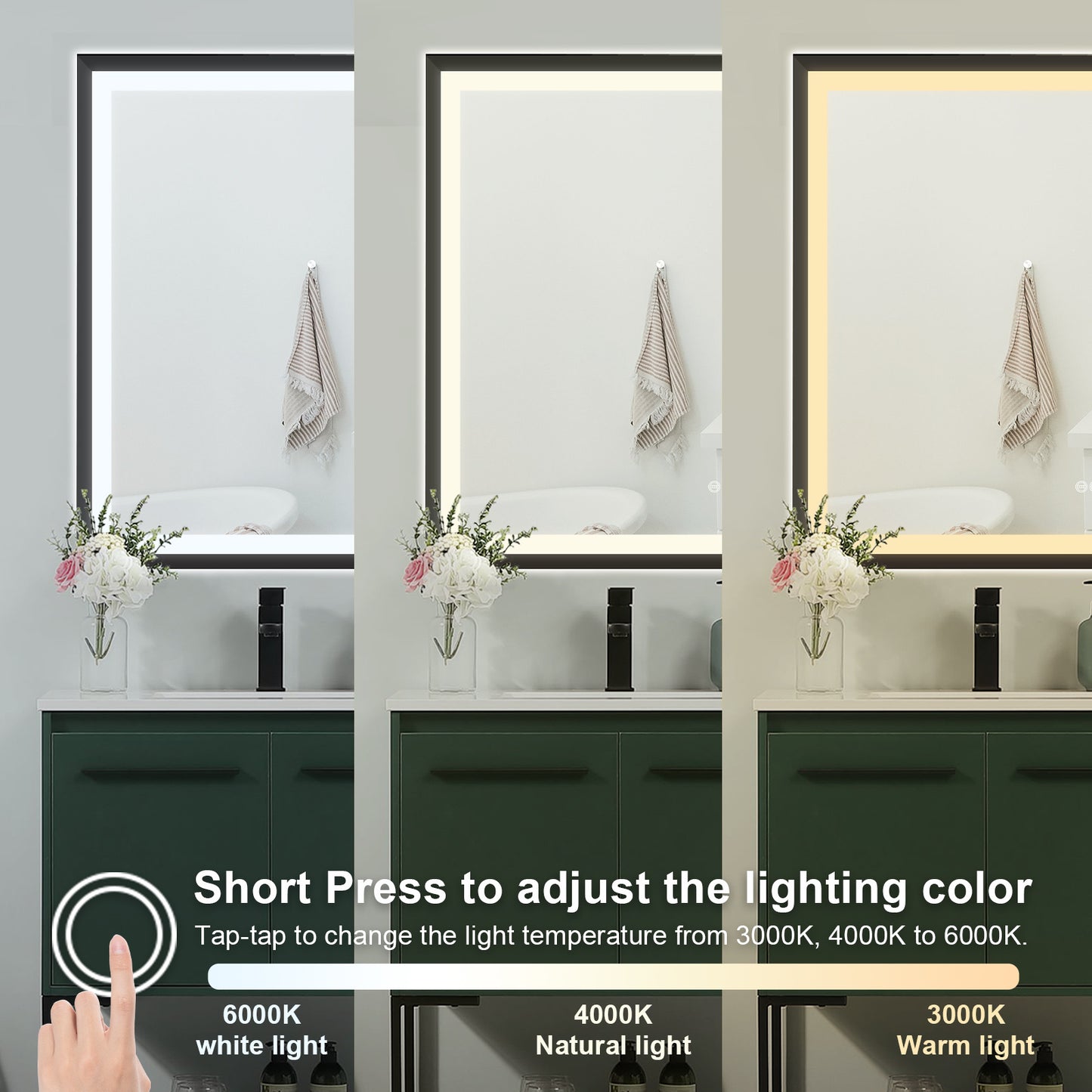 4 Size LED Bathroom Mirror; Backlit and Front Lighted Mirror for Bathroom; Wall Mounted Bathroom Vanity Framed Mirror Includes Dimmer; ; Defogger; Vertical / Horizontal