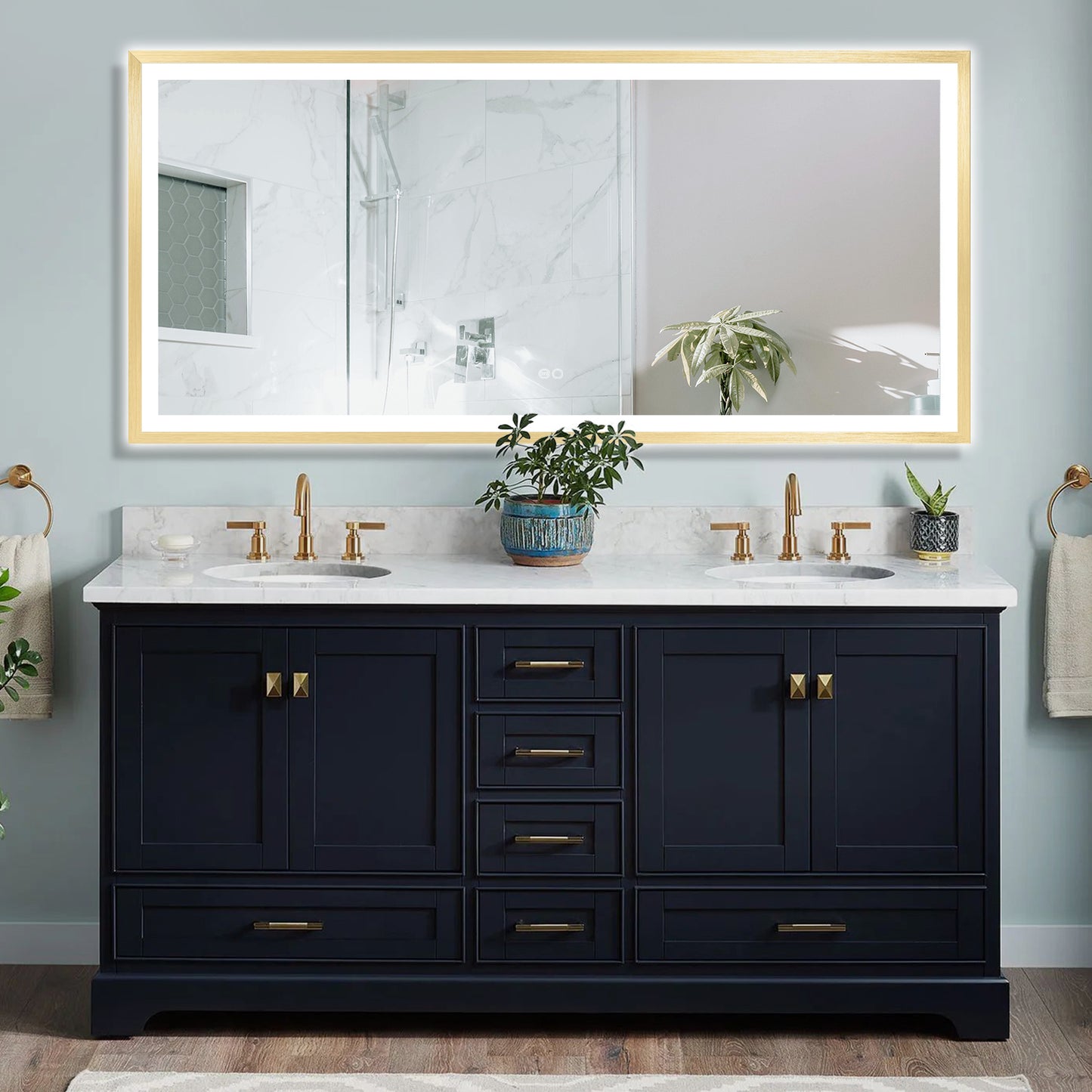 4 Size LED Bathroom Mirror; Backlit and Front Lighted Mirror for Bathroom; Wall Mounted Bathroom Vanity Framed Mirror Includes Dimmer; ; Defogger; Vertical / Horizontal