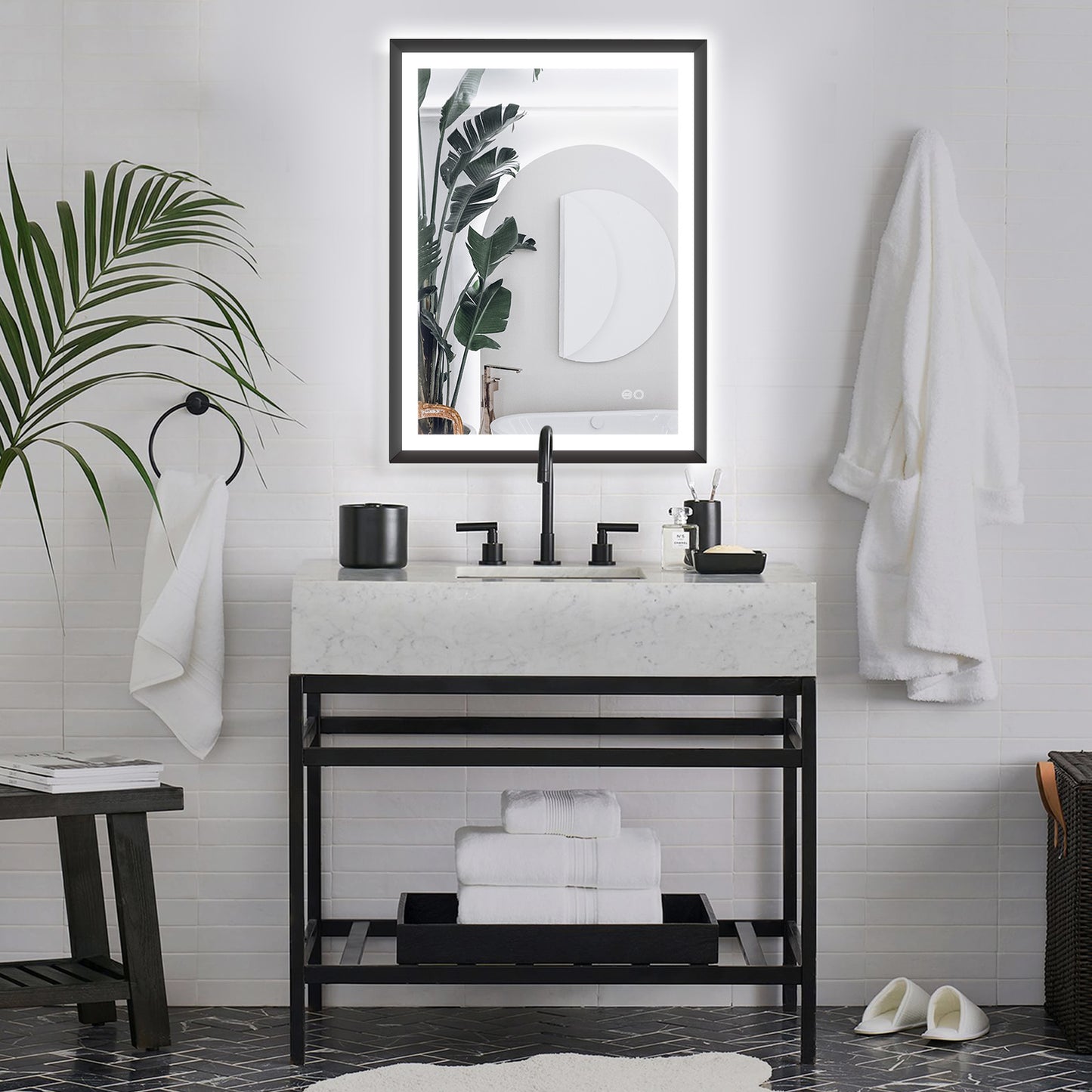 4 Size LED Bathroom Mirror; Backlit and Front Lighted Mirror for Bathroom; Wall Mounted Bathroom Vanity Framed Mirror Includes Dimmer; ; Defogger; Vertical / Horizontal