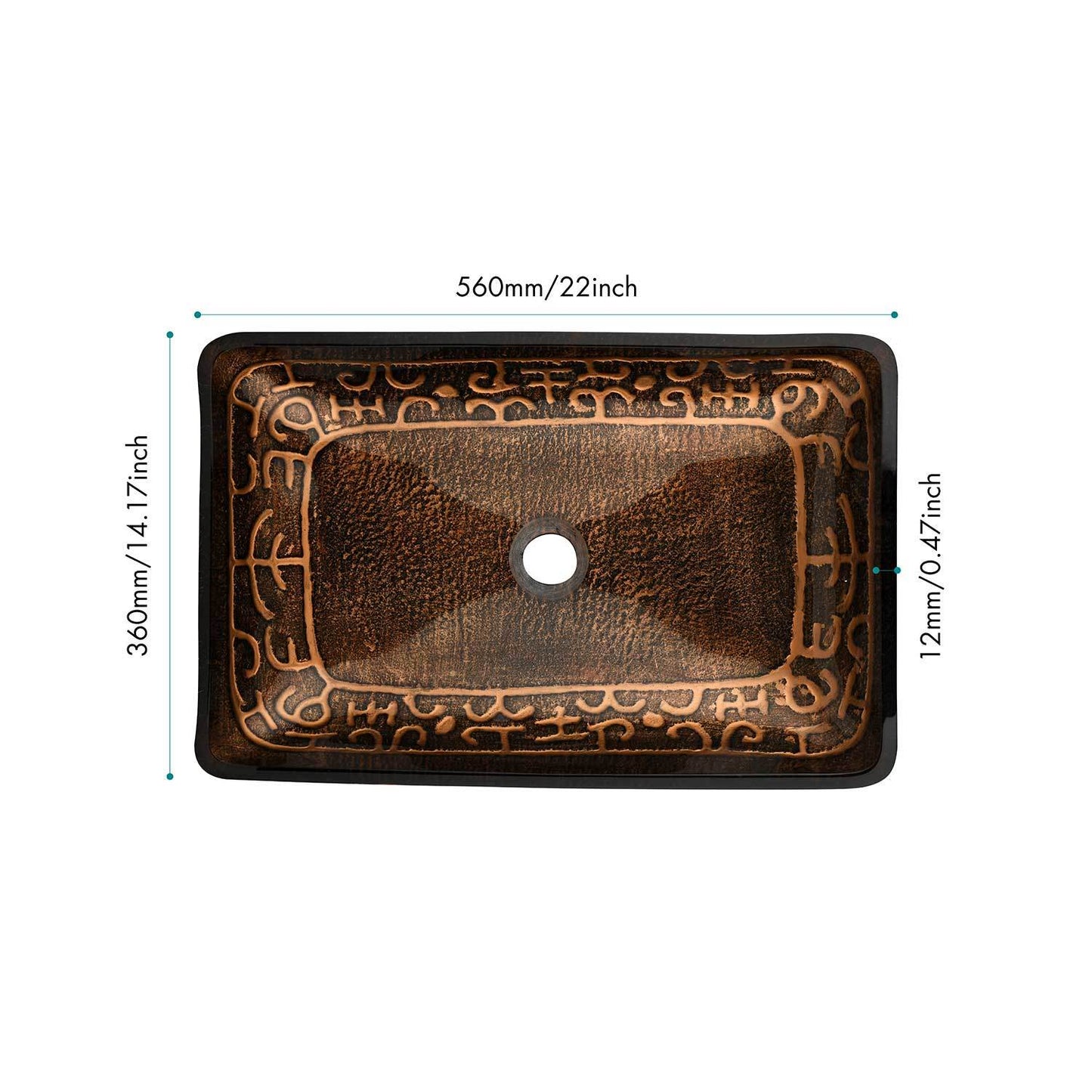22.25" L -14.5" W -4 4-3/8 in. H Golden Handmade Glass Rectangle Vessel Bathroom Sink in Brown and with Faucet and Pop-Up Drain in Matte Black