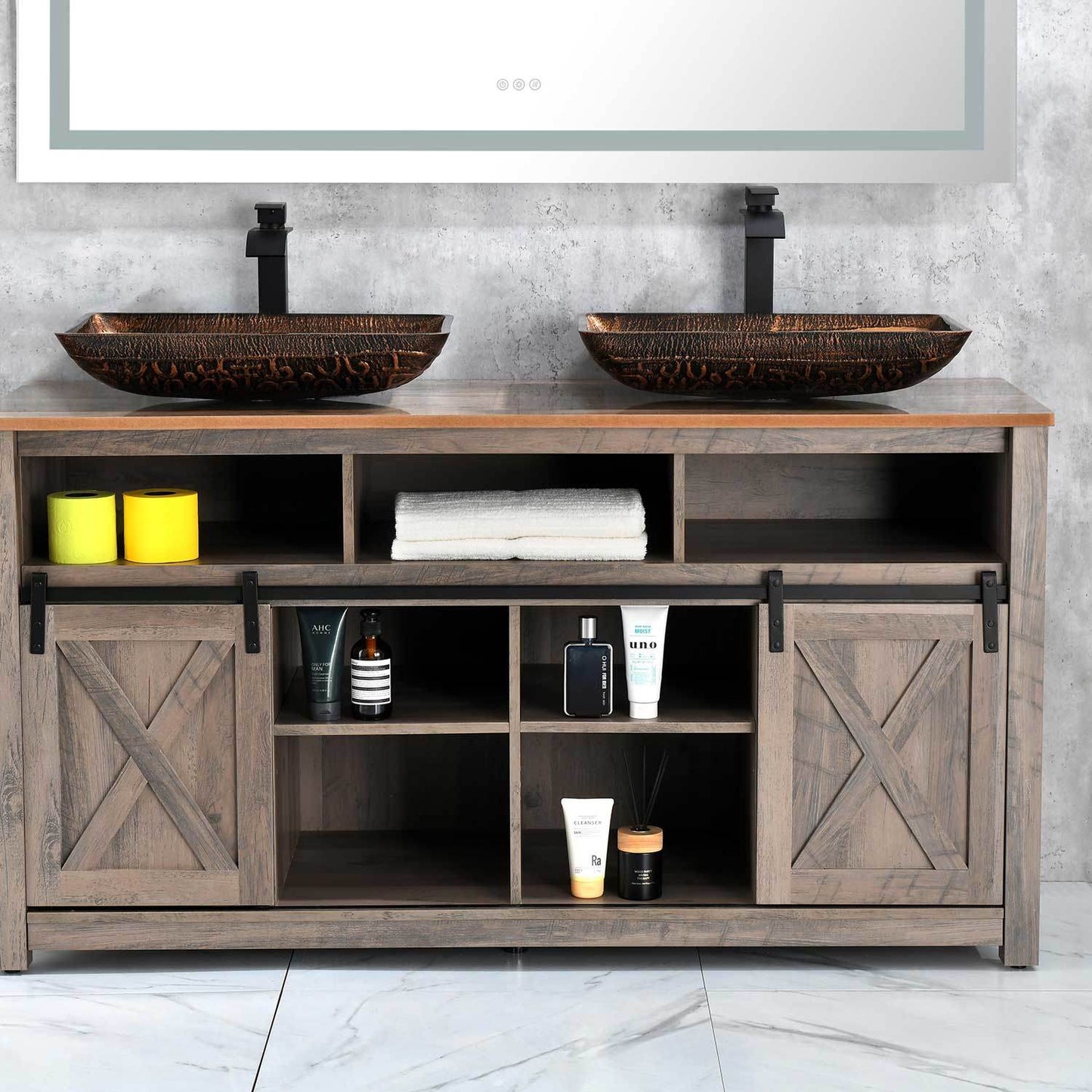 22.25" L -14.5" W -4 4-3/8 in. H Golden Handmade Glass Rectangle Vessel Bathroom Sink in Brown and with Faucet and Pop-Up Drain in Matte Black