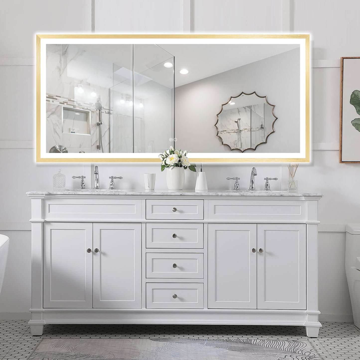 4 Size LED Bathroom Mirror; Backlit and Front Lighted Mirror for Bathroom; Wall Mounted Bathroom Vanity Framed Mirror Includes Dimmer; ; Defogger; Vertical / Horizontal
