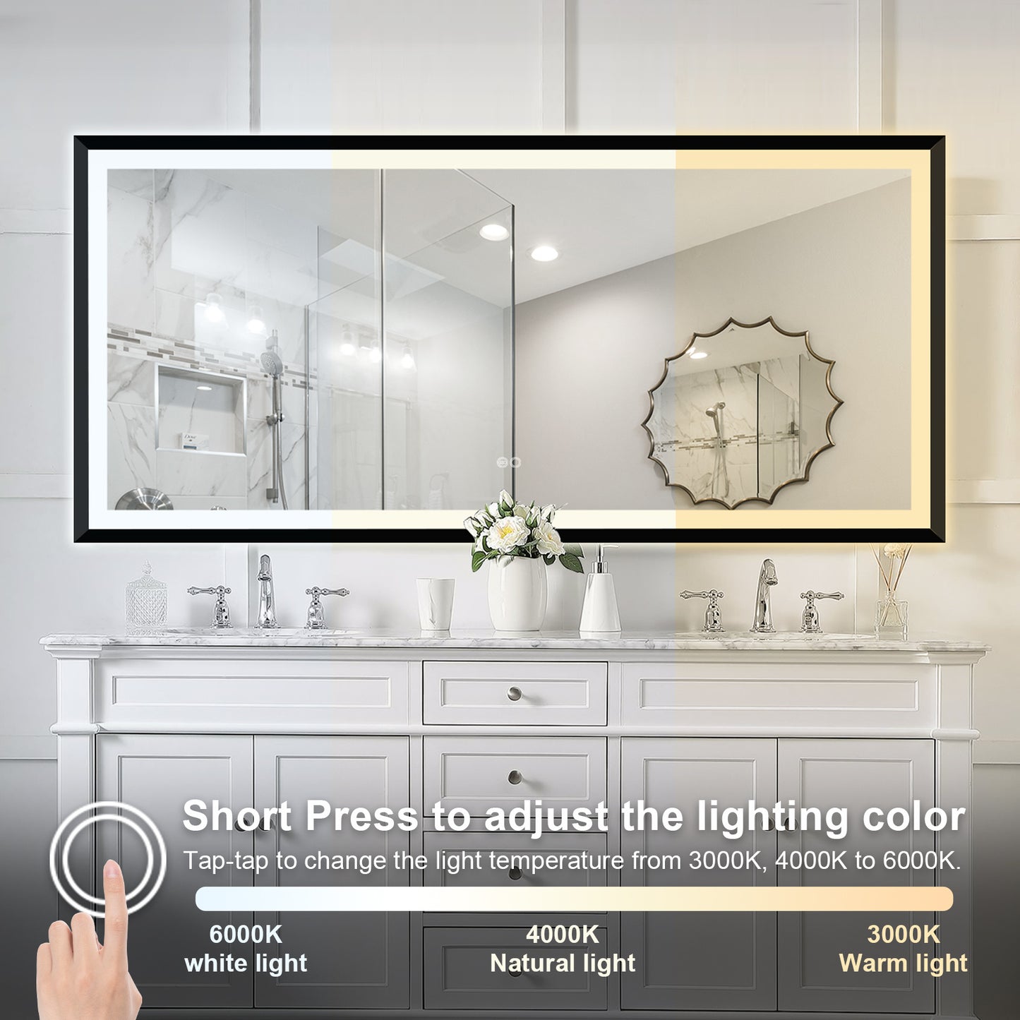 4 Size LED Bathroom Mirror; Backlit and Front Lighted Mirror for Bathroom; Wall Mounted Bathroom Vanity Framed Mirror Includes Dimmer; ; Defogger; Vertical / Horizontal