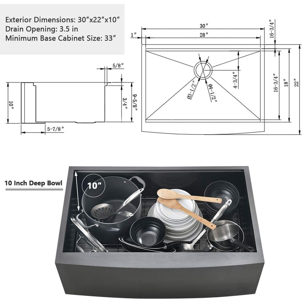 American Farmhouse Sink Gunmetal Black Surface/Stainless Steel Surface Kitchen Sink ; Apron Front Kitchen Handmade Sink with Drain