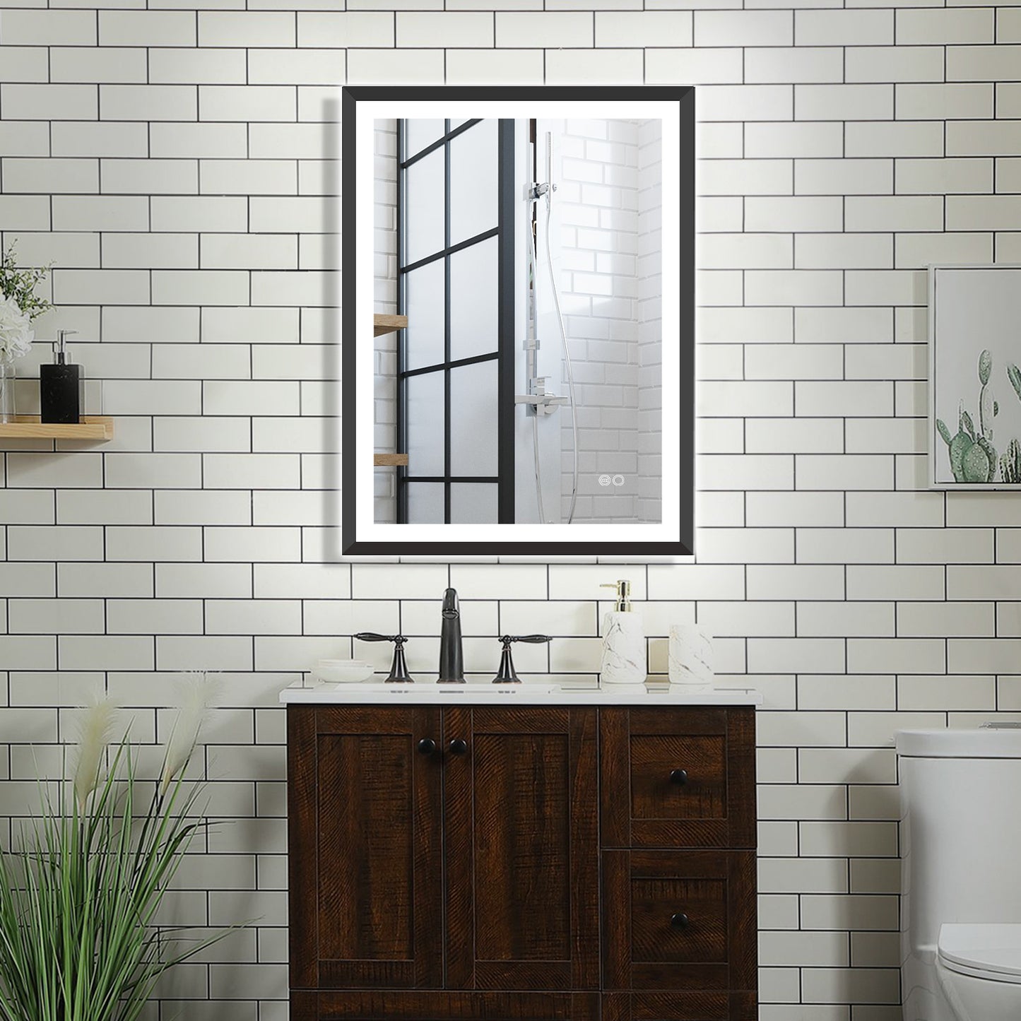 4 Size LED Bathroom Mirror; Backlit and Front Lighted Mirror for Bathroom; Wall Mounted Bathroom Vanity Framed Mirror Includes Dimmer; ; Defogger; Vertical / Horizontal
