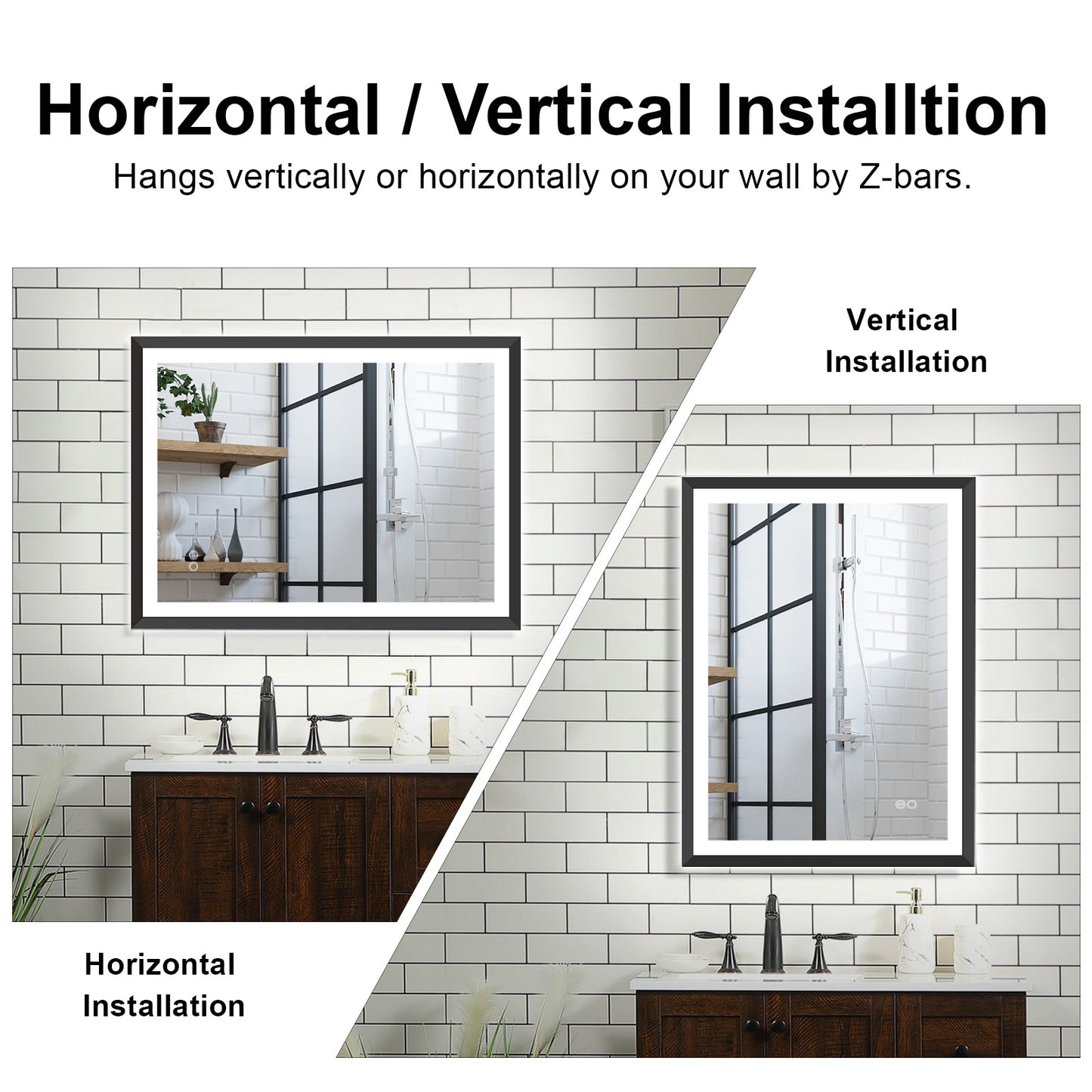 4 Size LED Bathroom Mirror; Backlit and Front Lighted Mirror for Bathroom; Wall Mounted Bathroom Vanity Framed Mirror Includes Dimmer; ; Defogger; Vertical / Horizontal
