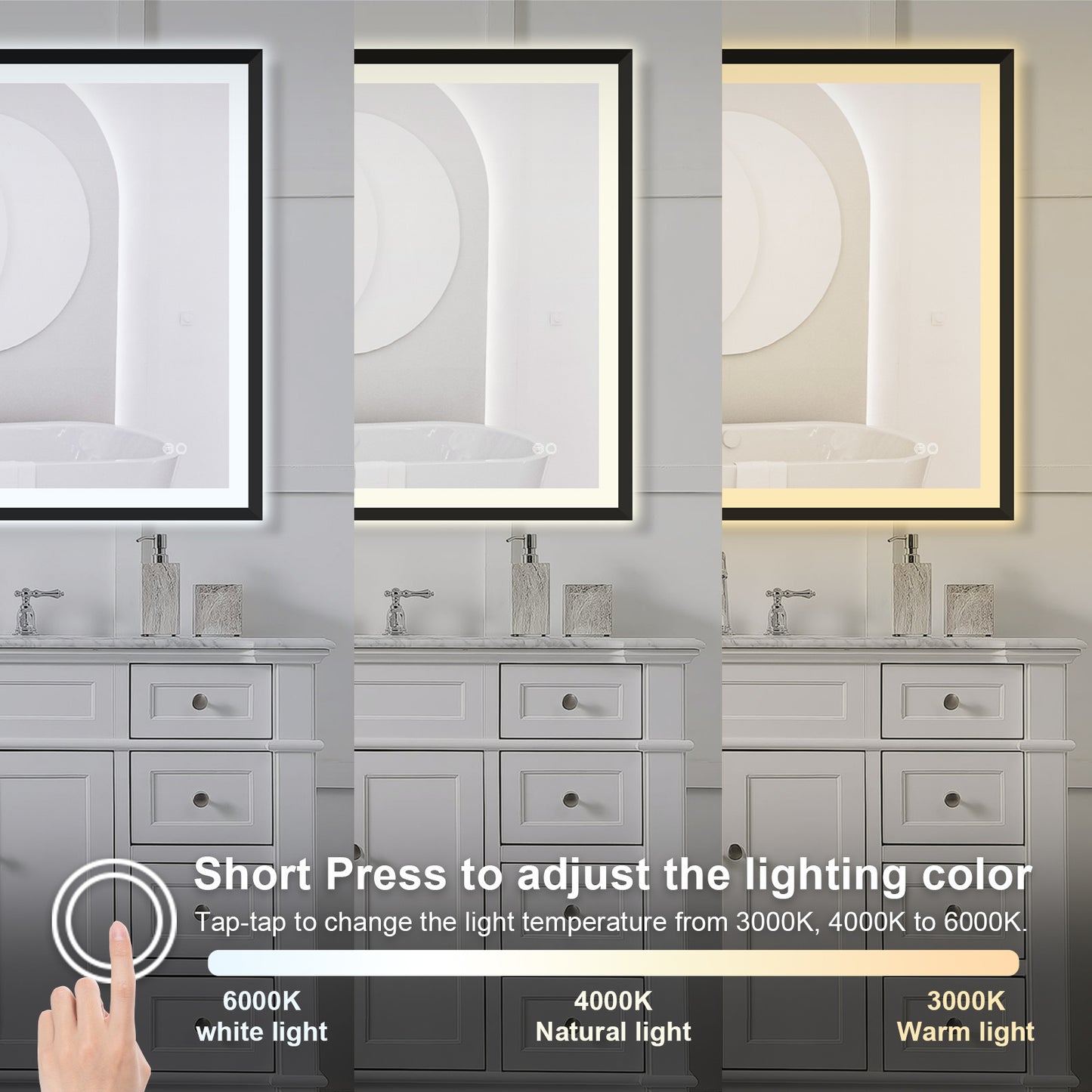 4 Size LED Bathroom Mirror; Backlit and Front Lighted Mirror for Bathroom; Wall Mounted Bathroom Vanity Framed Mirror Includes Dimmer; ; Defogger; Vertical / Horizontal