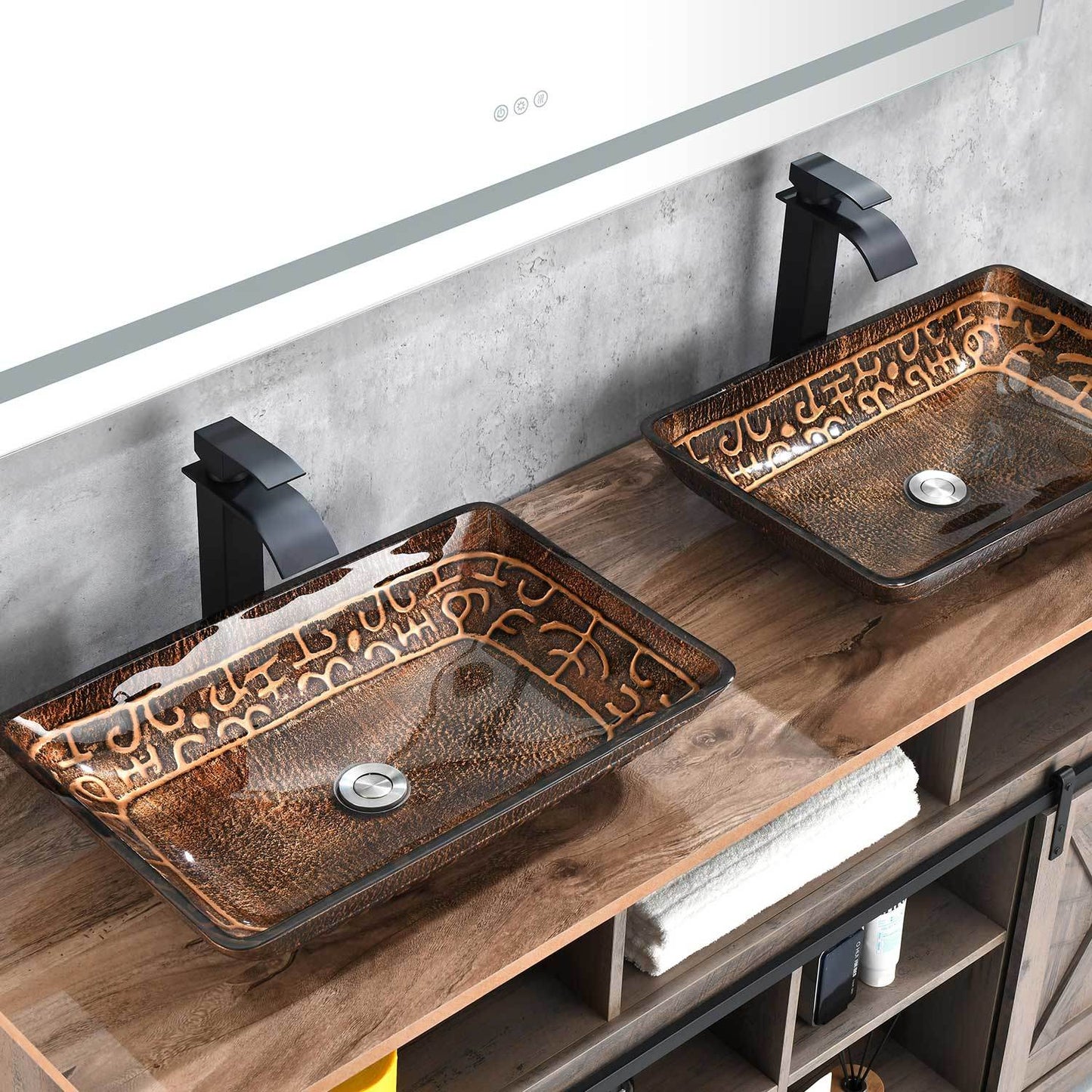 22.25" L -14.5" W -4 4-3/8 in. H Golden Handmade Glass Rectangle Vessel Bathroom Sink in Brown and with Faucet and Pop-Up Drain in Matte Black