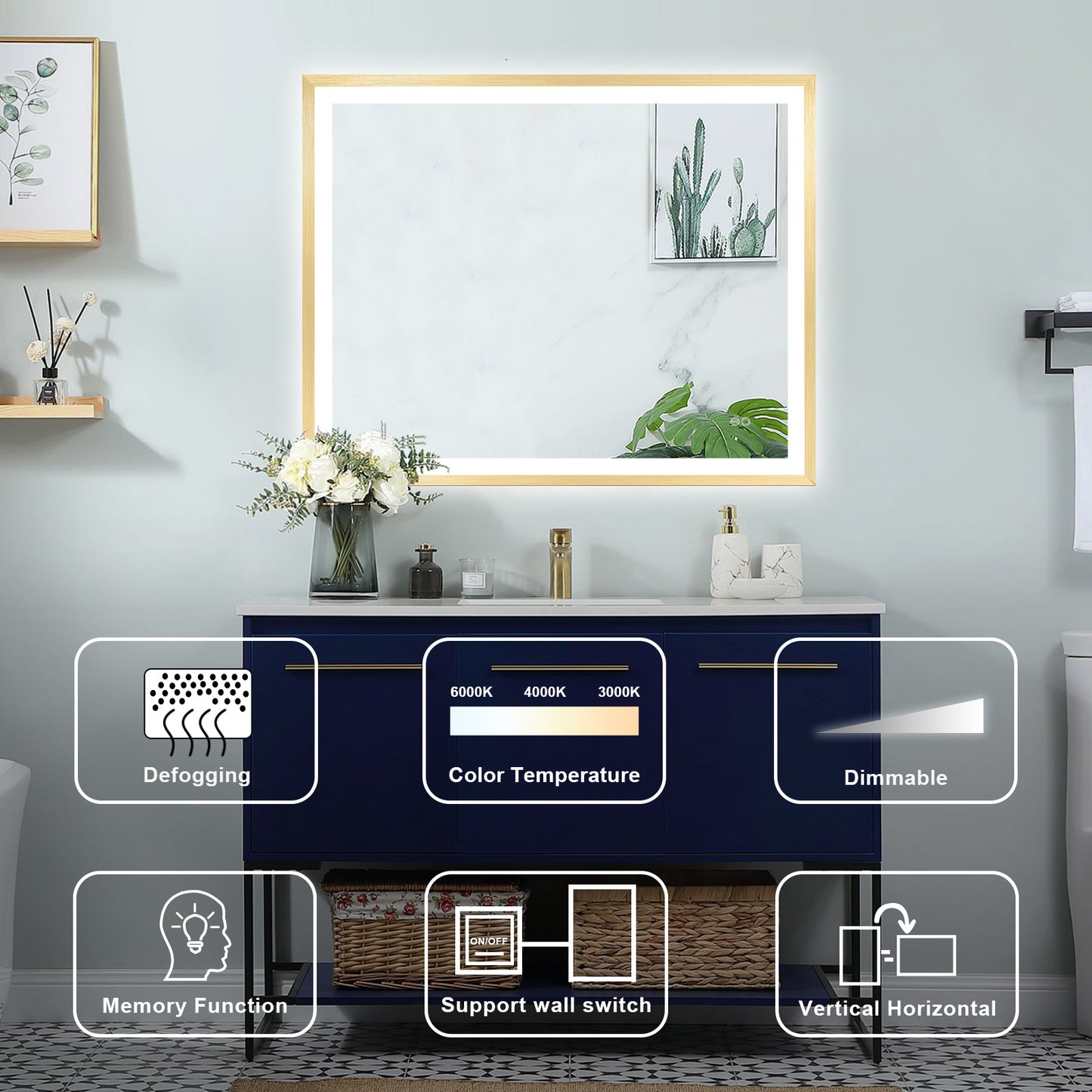 4 Size LED Bathroom Mirror; Backlit and Front Lighted Mirror for Bathroom; Wall Mounted Bathroom Vanity Framed Mirror Includes Dimmer; ; Defogger; Vertical / Horizontal