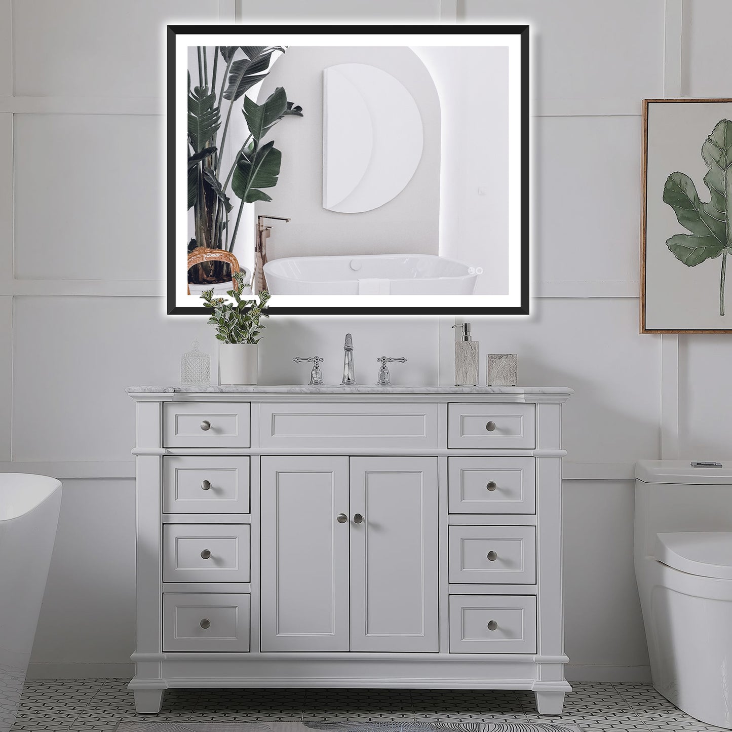 4 Size LED Bathroom Mirror; Backlit and Front Lighted Mirror for Bathroom; Wall Mounted Bathroom Vanity Framed Mirror Includes Dimmer; ; Defogger; Vertical / Horizontal