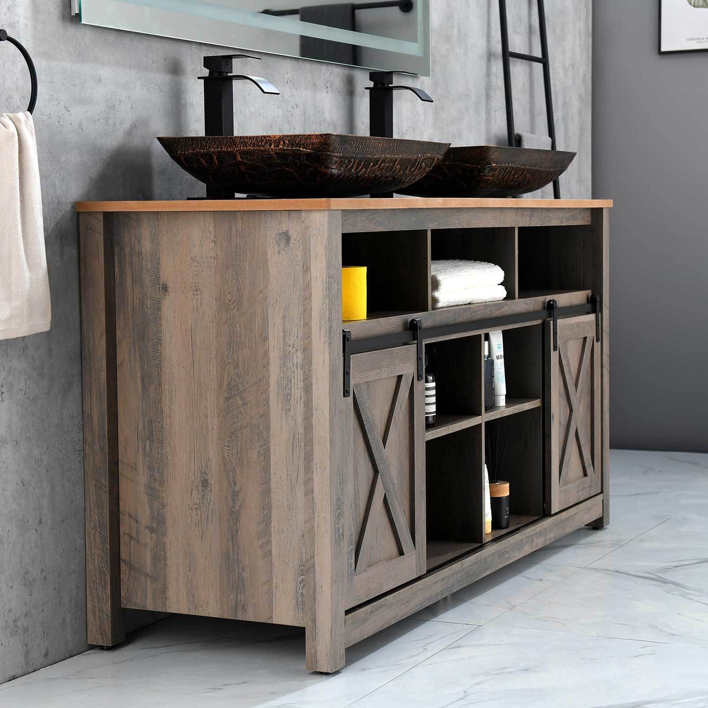 22.25" L -14.5" W -4 4-3/8 in. H Golden Handmade Glass Rectangle Vessel Bathroom Sink in Brown and with Faucet and Pop-Up Drain in Matte Black