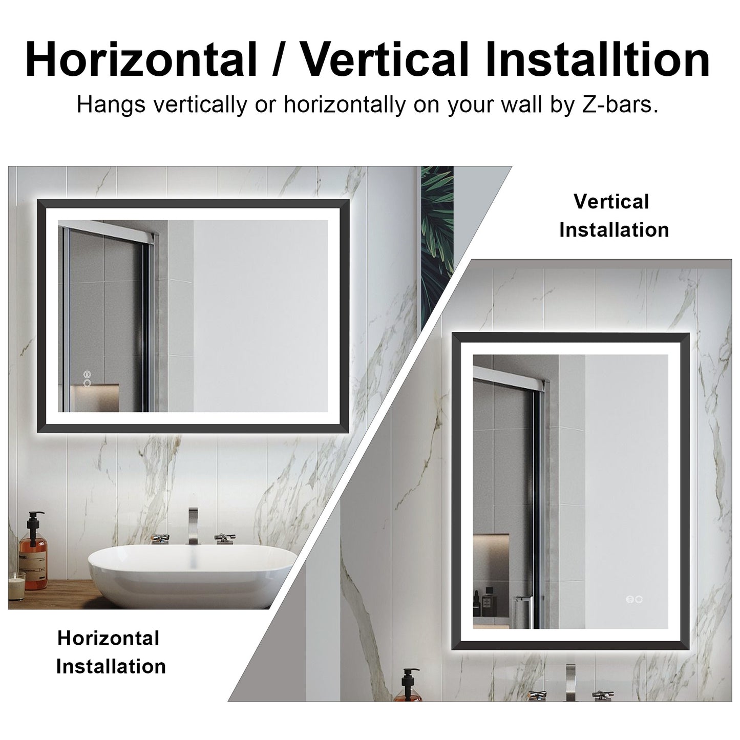 4 Size LED Bathroom Mirror; Backlit and Front Lighted Mirror for Bathroom; Wall Mounted Bathroom Vanity Framed Mirror Includes Dimmer; ; Defogger; Vertical / Horizontal