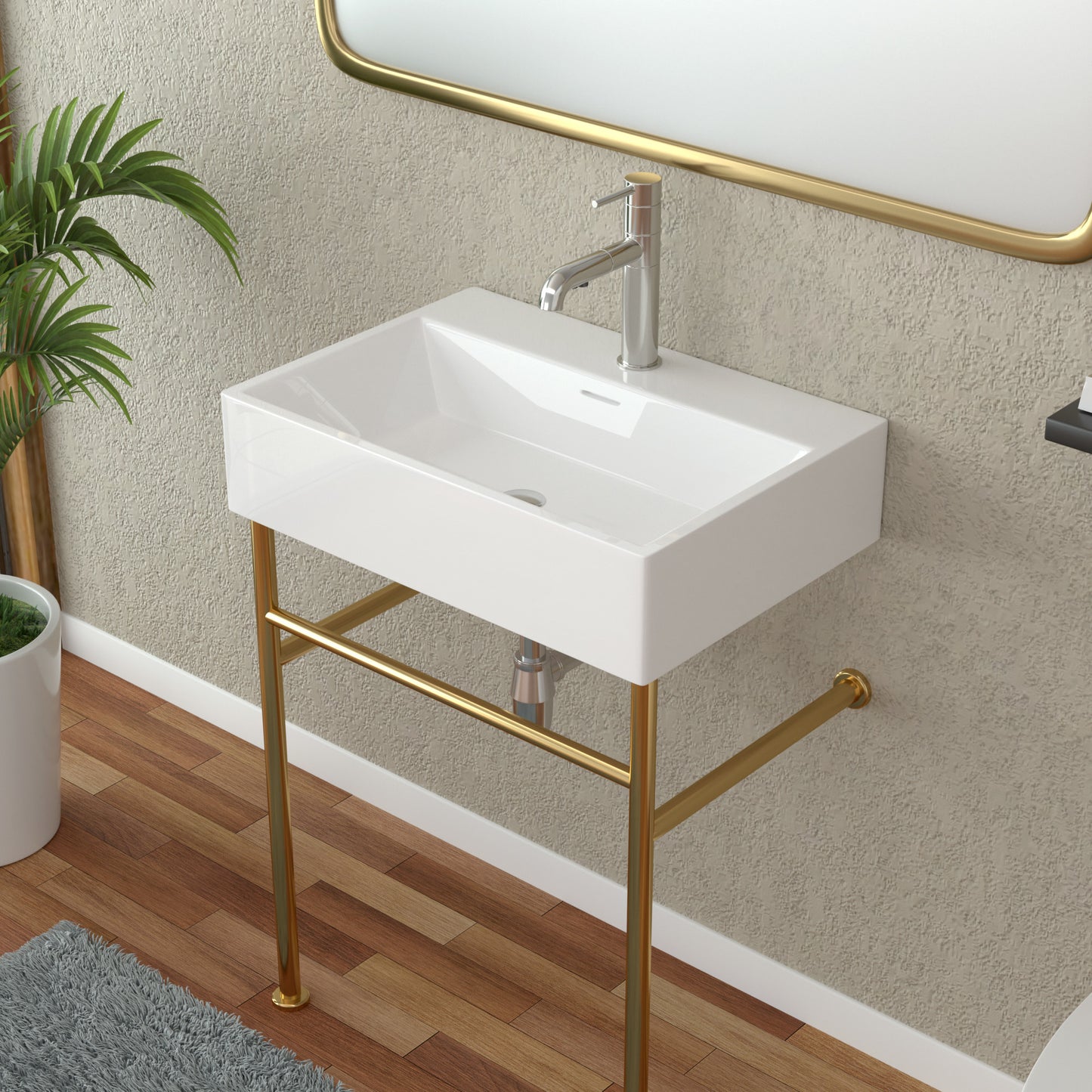 24\\\" Rectangular Bathroom Console Sink with Overflow,Wall Mounted Ceramic Console Sink White Basin with Steel Legs