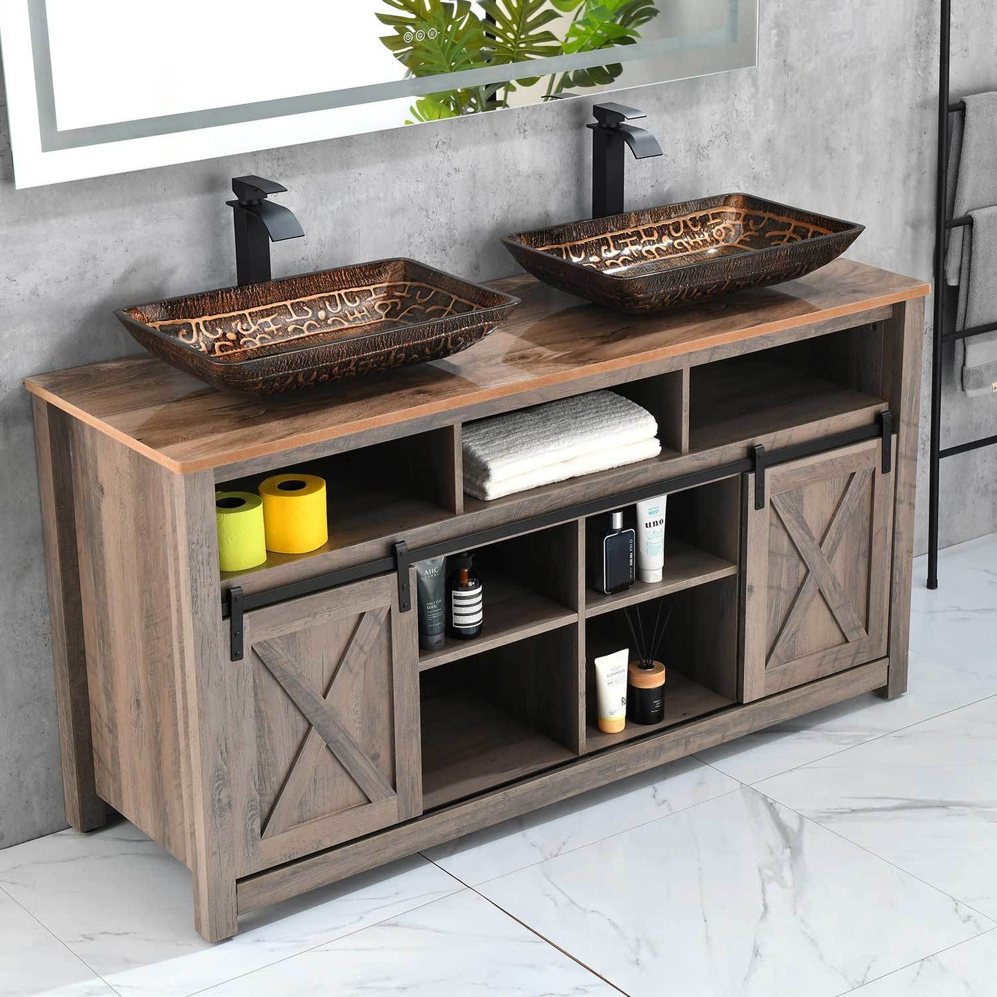 22.25" L -14.5" W -4 4-3/8 in. H Golden Handmade Glass Rectangle Vessel Bathroom Sink in Brown and with Faucet and Pop-Up Drain in Matte Black