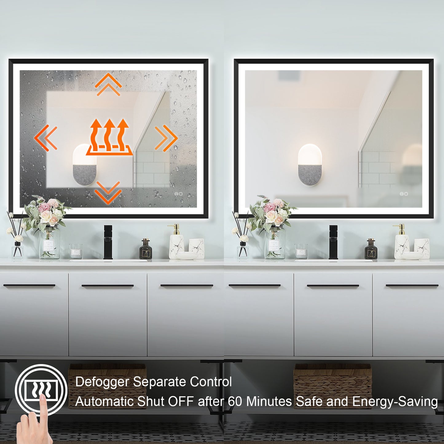 4 Size LED Bathroom Mirror; Backlit and Front Lighted Mirror for Bathroom; Wall Mounted Bathroom Vanity Framed Mirror Includes Dimmer; ; Defogger; Vertical / Horizontal