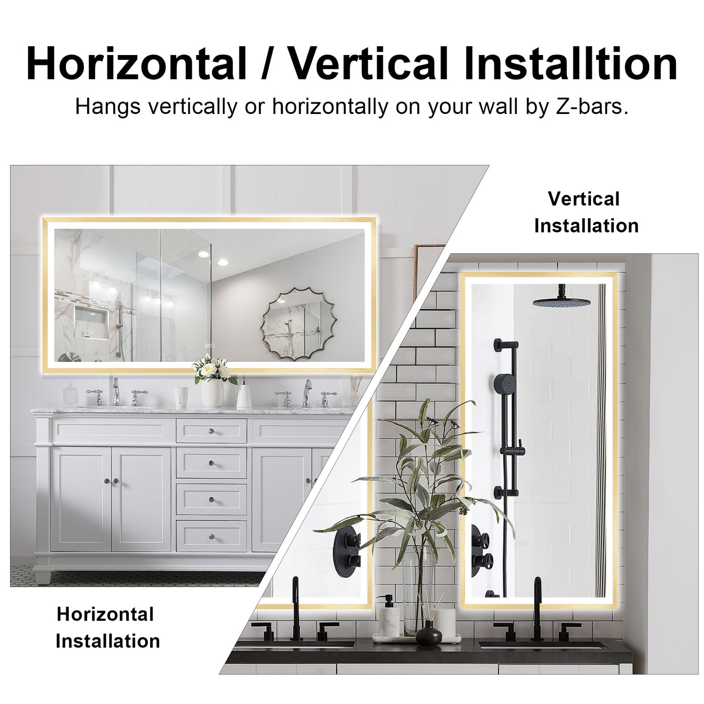 4 Size LED Bathroom Mirror; Backlit and Front Lighted Mirror for Bathroom; Wall Mounted Bathroom Vanity Framed Mirror Includes Dimmer; ; Defogger; Vertical / Horizontal