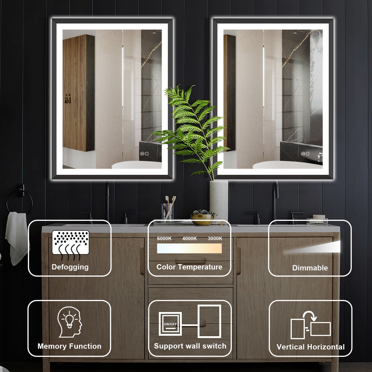 4 Size LED Bathroom Mirror; Backlit and Front Lighted Mirror for Bathroom; Wall Mounted Bathroom Vanity Framed Mirror Includes Dimmer; ; Defogger; Vertical / Horizontal