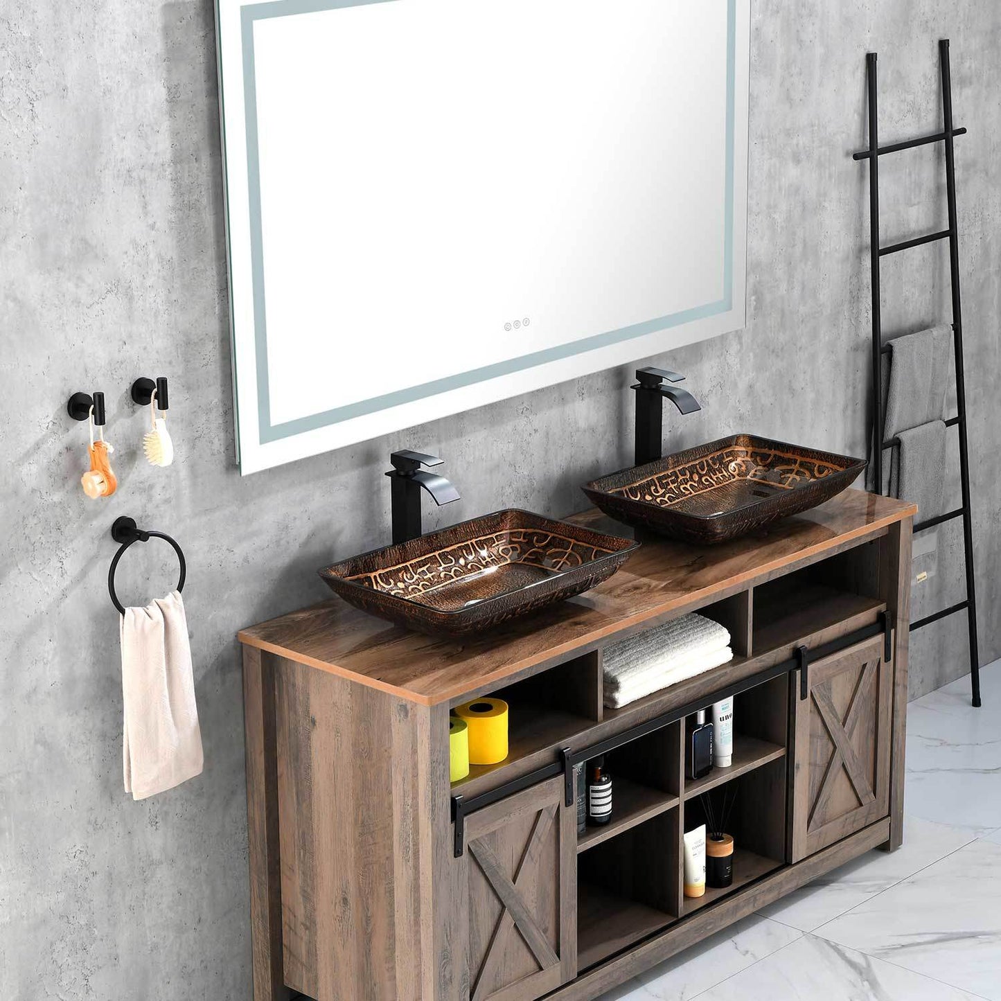 22.25" L -14.5" W -4 4-3/8 in. H Golden Handmade Glass Rectangle Vessel Bathroom Sink in Brown and with Faucet and Pop-Up Drain in Matte Black