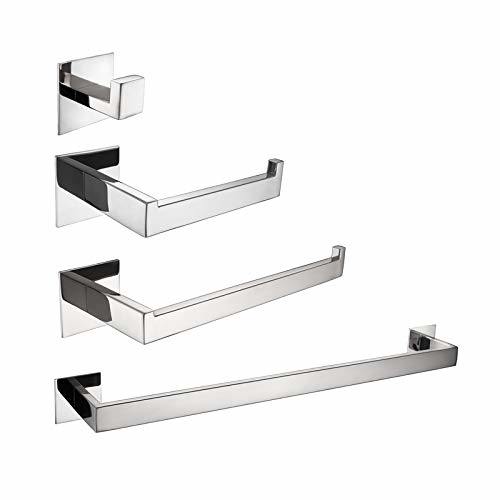 Strong Viscosity Adhesive 4 Pieces Bathroom Accessories Set Without Drilling Silver Brushed Towel Bar Set Holder Rack Robe Hook Tissue Toilet Paper Holder Rustproof 304 Stainless Steel YJ