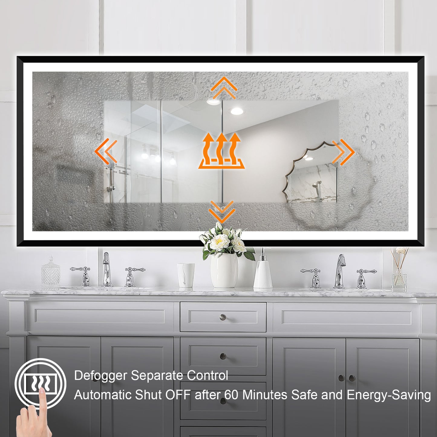 4 Size LED Bathroom Mirror; Backlit and Front Lighted Mirror for Bathroom; Wall Mounted Bathroom Vanity Framed Mirror Includes Dimmer; ; Defogger; Vertical / Horizontal