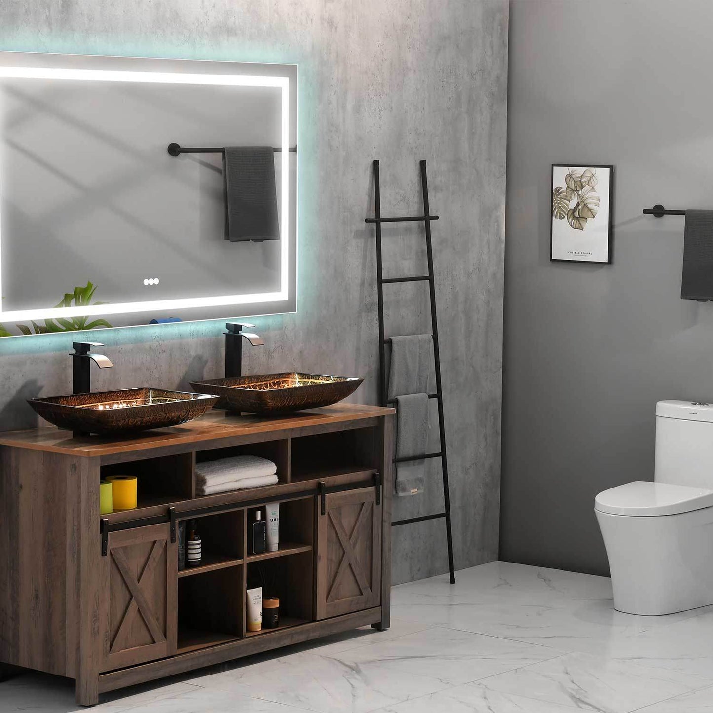 22.25" L -14.5" W -4 4-3/8 in. H Golden Handmade Glass Rectangle Vessel Bathroom Sink in Brown and with Faucet and Pop-Up Drain in Matte Black