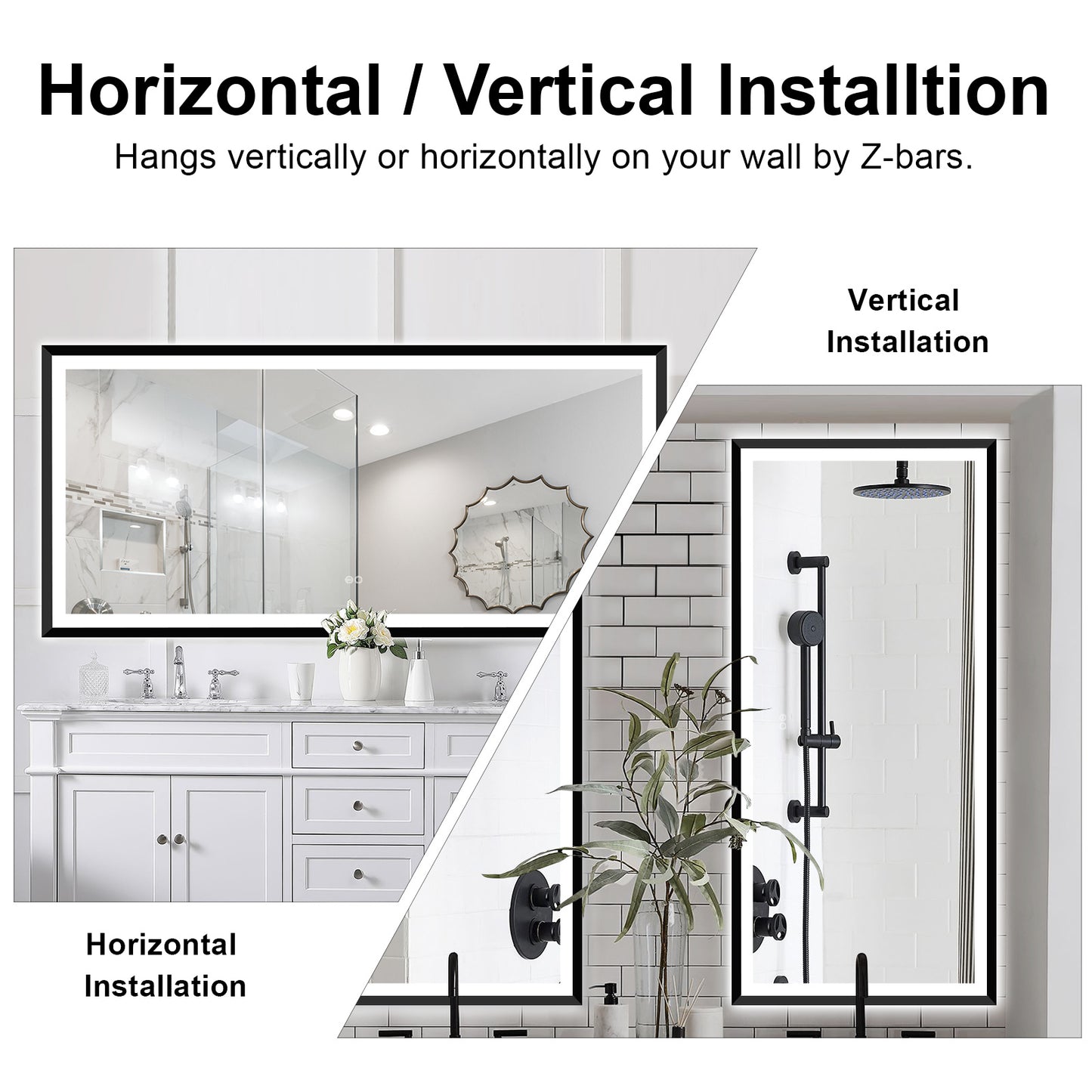 4 Size LED Bathroom Mirror; Backlit and Front Lighted Mirror for Bathroom; Wall Mounted Bathroom Vanity Framed Mirror Includes Dimmer; ; Defogger; Vertical / Horizontal