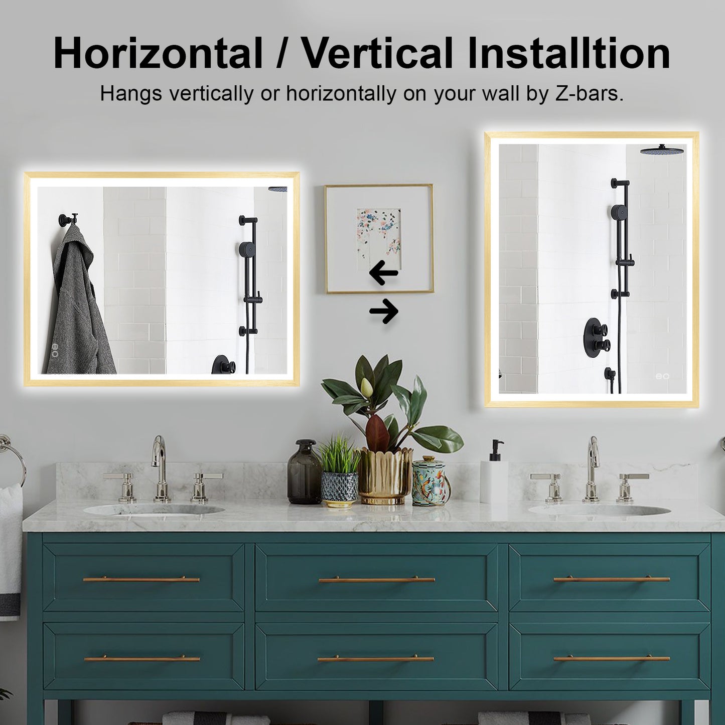 4 Size LED Bathroom Mirror; Backlit and Front Lighted Mirror for Bathroom; Wall Mounted Bathroom Vanity Framed Mirror Includes Dimmer; ; Defogger; Vertical / Horizontal