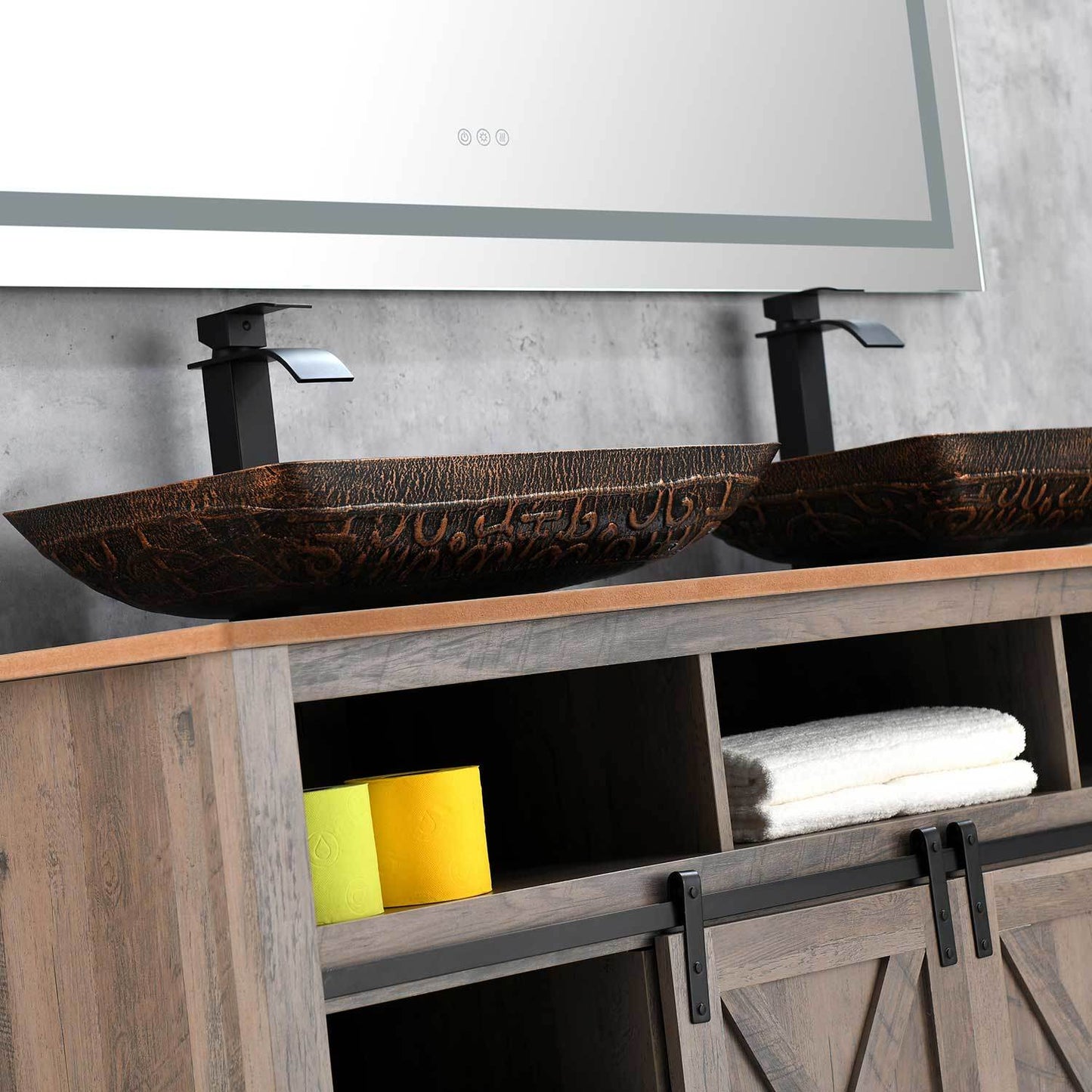22.25" L -14.5" W -4 4-3/8 in. H Golden Handmade Glass Rectangle Vessel Bathroom Sink in Brown and with Faucet and Pop-Up Drain in Matte Black