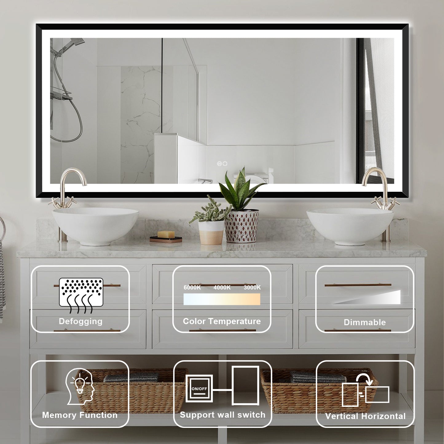 4 Size LED Bathroom Mirror; Backlit and Front Lighted Mirror for Bathroom; Wall Mounted Bathroom Vanity Framed Mirror Includes Dimmer; ; Defogger; Vertical / Horizontal