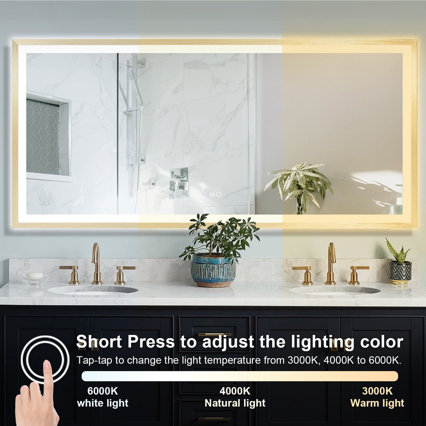 4 Size LED Bathroom Mirror; Backlit and Front Lighted Mirror for Bathroom; Wall Mounted Bathroom Vanity Framed Mirror Includes Dimmer; ; Defogger; Vertical / Horizontal
