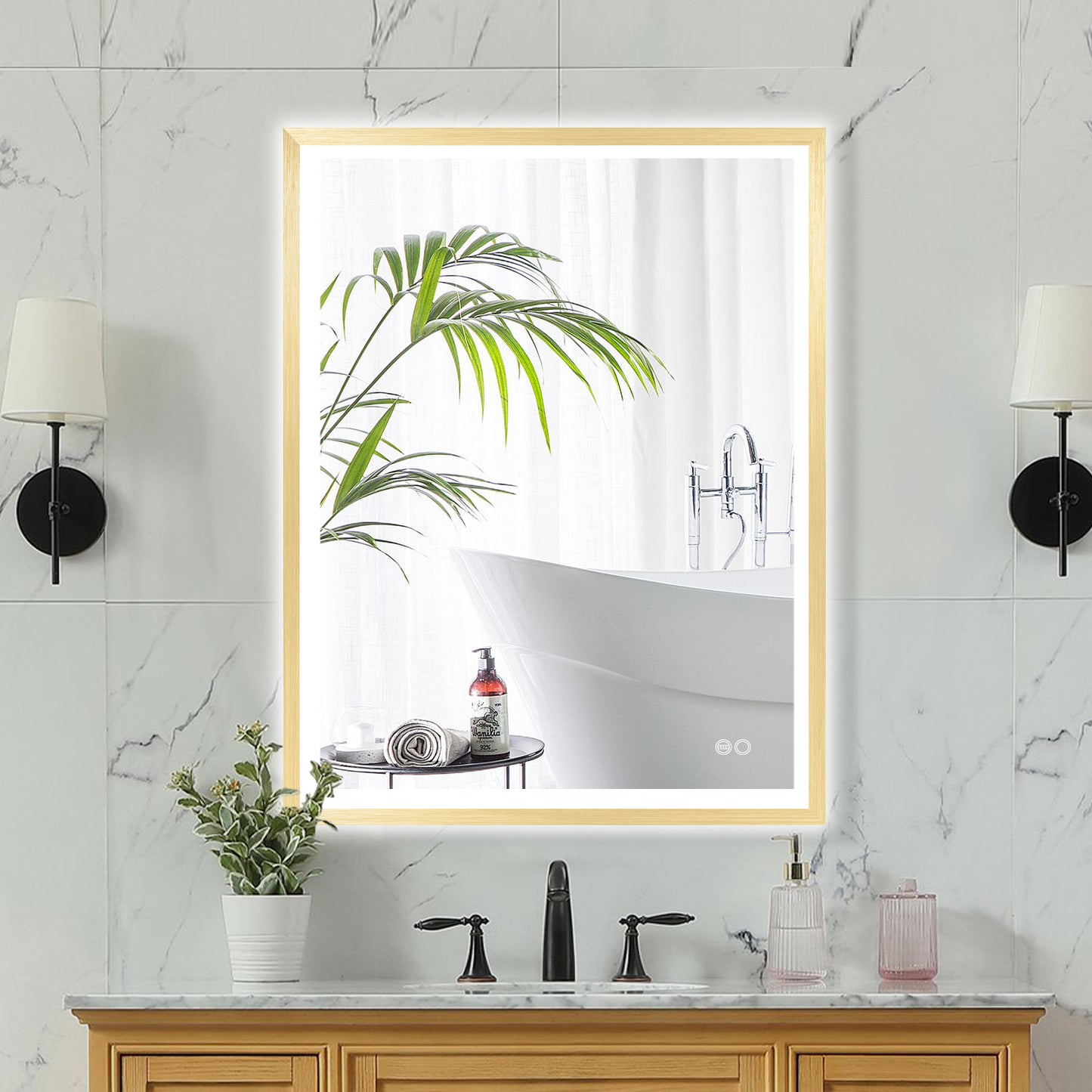 4 Size LED Bathroom Mirror; Backlit and Front Lighted Mirror for Bathroom; Wall Mounted Bathroom Vanity Framed Mirror Includes Dimmer; ; Defogger; Vertical / Horizontal