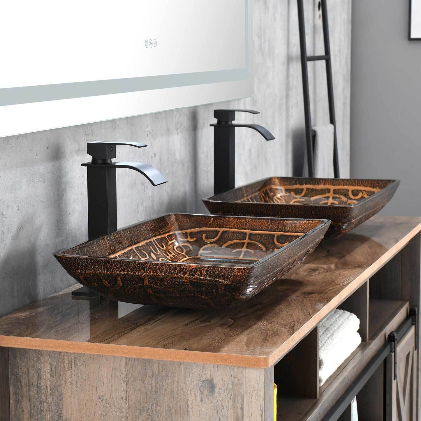 22.25" L -14.5" W -4 4-3/8 in. H Golden Handmade Glass Rectangle Vessel Bathroom Sink in Brown and with Faucet and Pop-Up Drain in Matte Black