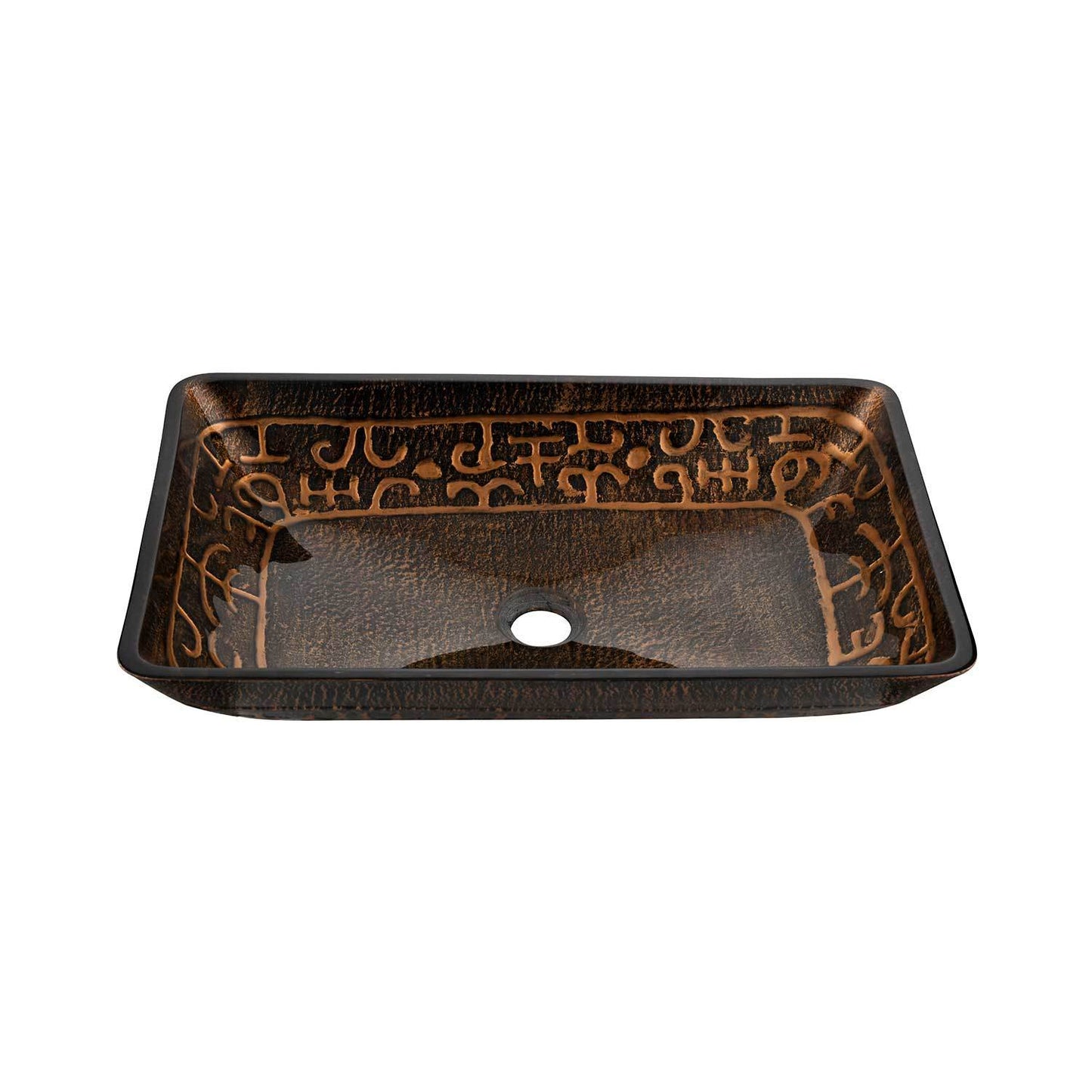 22.25" L -14.5" W -4 4-3/8 in. H Golden Handmade Glass Rectangle Vessel Bathroom Sink in Brown and with Faucet and Pop-Up Drain in Matte Black