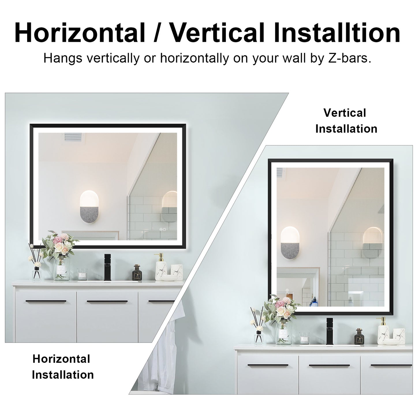 4 Size LED Bathroom Mirror; Backlit and Front Lighted Mirror for Bathroom; Wall Mounted Bathroom Vanity Framed Mirror Includes Dimmer; ; Defogger; Vertical / Horizontal