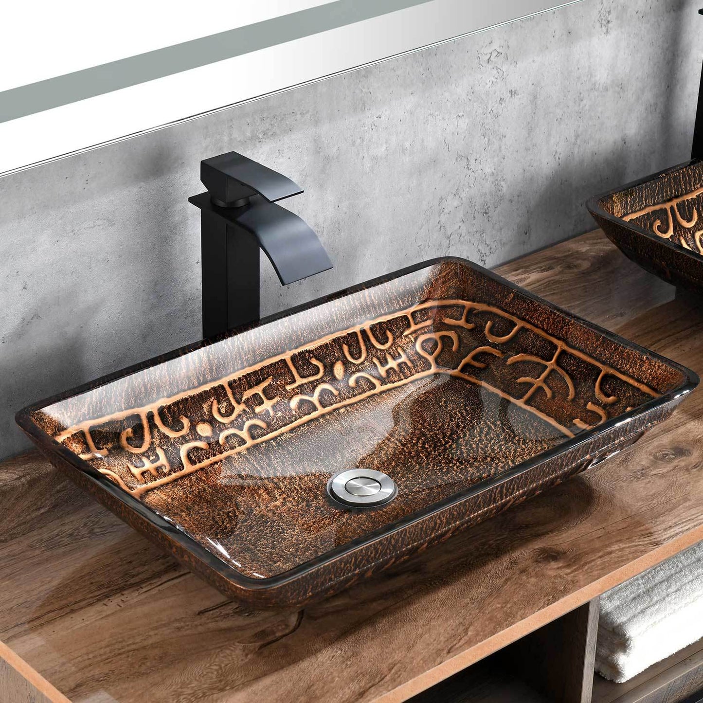 22.25" L -14.5" W -4 4-3/8 in. H Golden Handmade Glass Rectangle Vessel Bathroom Sink in Brown and with Faucet and Pop-Up Drain in Matte Black
