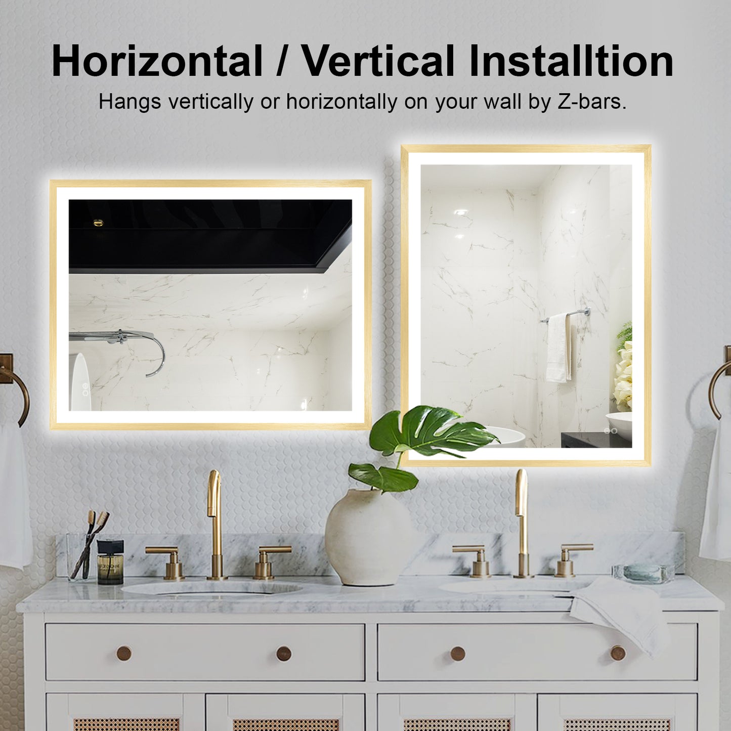 4 Size LED Bathroom Mirror; Backlit and Front Lighted Mirror for Bathroom; Wall Mounted Bathroom Vanity Framed Mirror Includes Dimmer; ; Defogger; Vertical / Horizontal