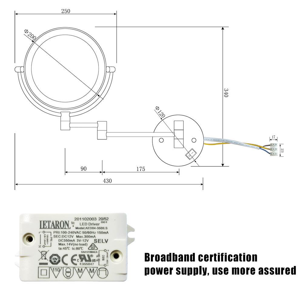 8 Inch LED Wall Mount Two-Sided Magnifying Makeup Vanity Mirror Extension Finish 1X/3X Magnification Plug 360 Degree Rotation Waterproof Button Shaving Mirror