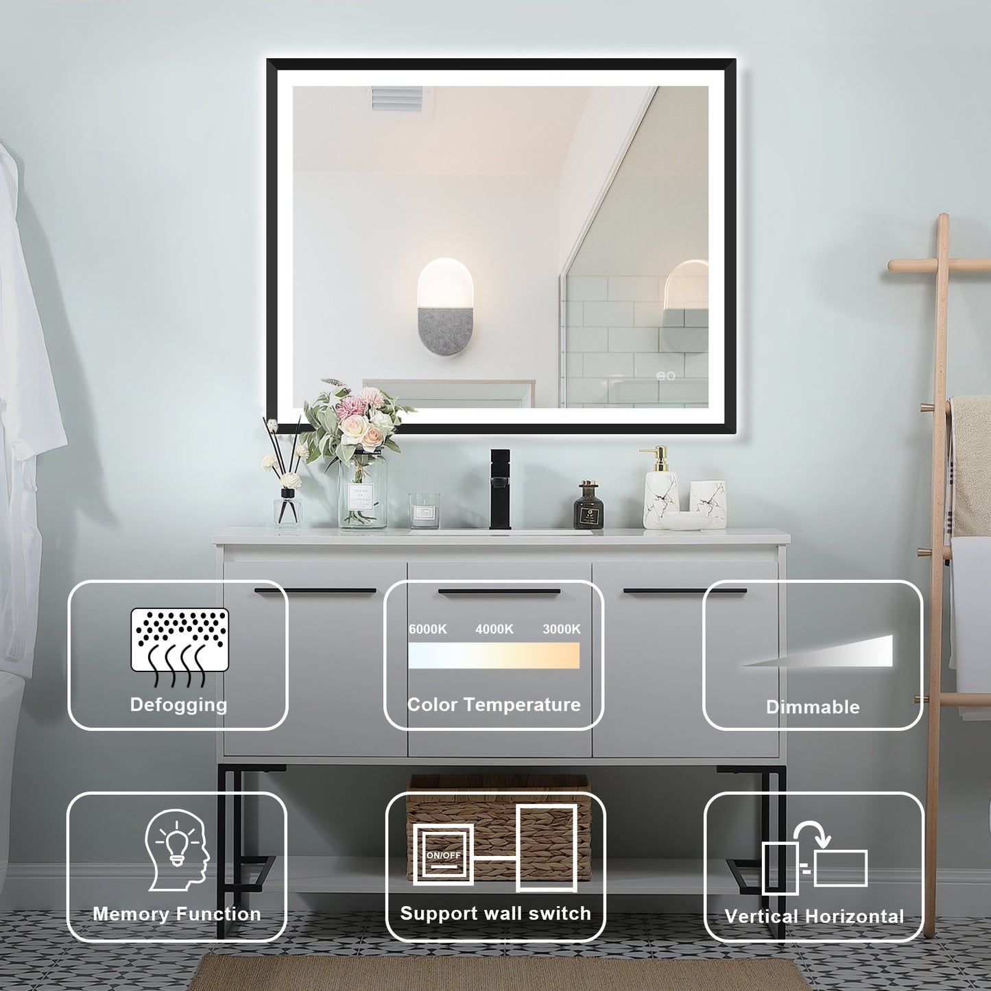 4 Size LED Bathroom Mirror; Backlit and Front Lighted Mirror for Bathroom; Wall Mounted Bathroom Vanity Framed Mirror Includes Dimmer; ; Defogger; Vertical / Horizontal