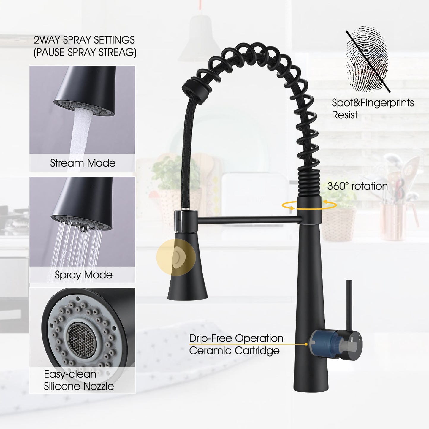 Kitchen Faucet with Pull Down Sprayer; Commercial Style Kitchen Sink Faucet; Faucets for Kitchen Sinks; Single-Handle; Magnetic Docking Spray Head; Matte Black